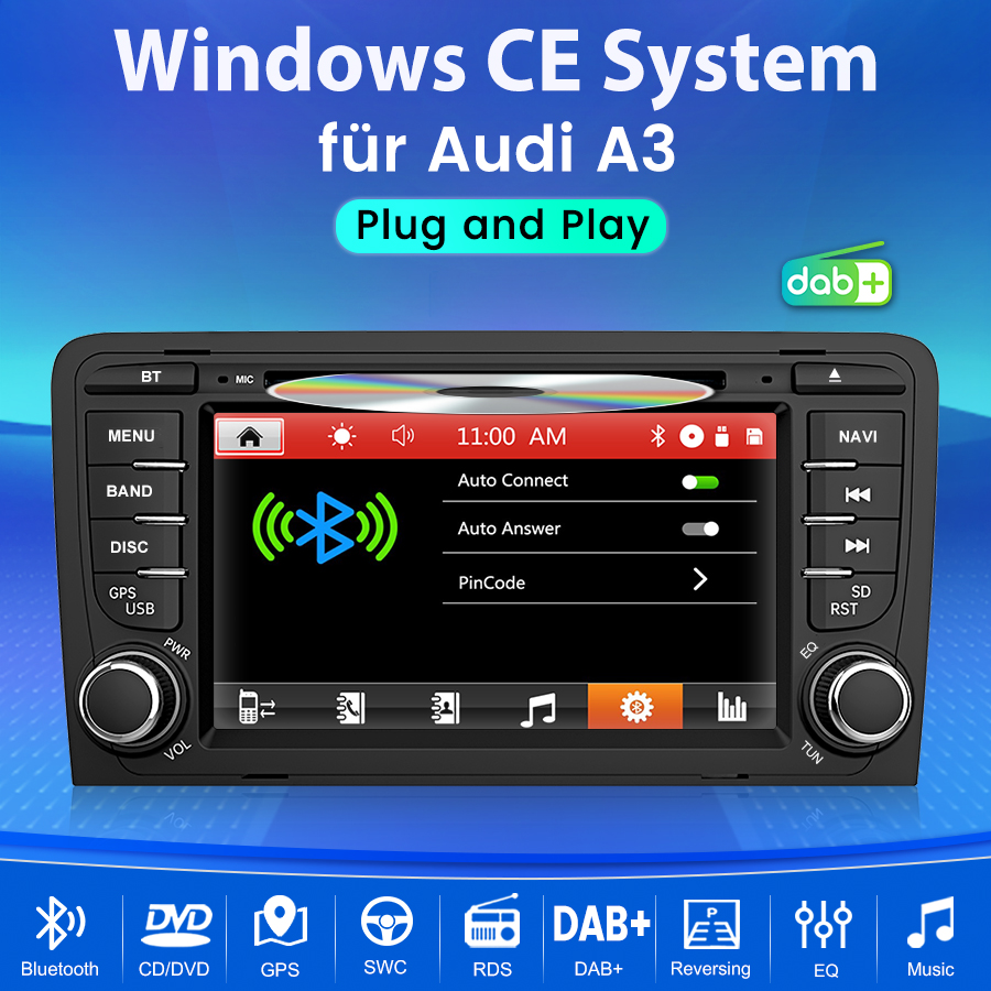 Ein Windows CE Autoradio für Audi A3 mit Touchscreen, CD-Schacht und Seitentasten vor blauem Hintergrund.