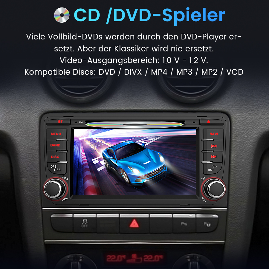 Autoradio mit CD-Player und Bildschirm, der ein blaues Auto zeigt, eingebaut in ein Armaturenbrett.