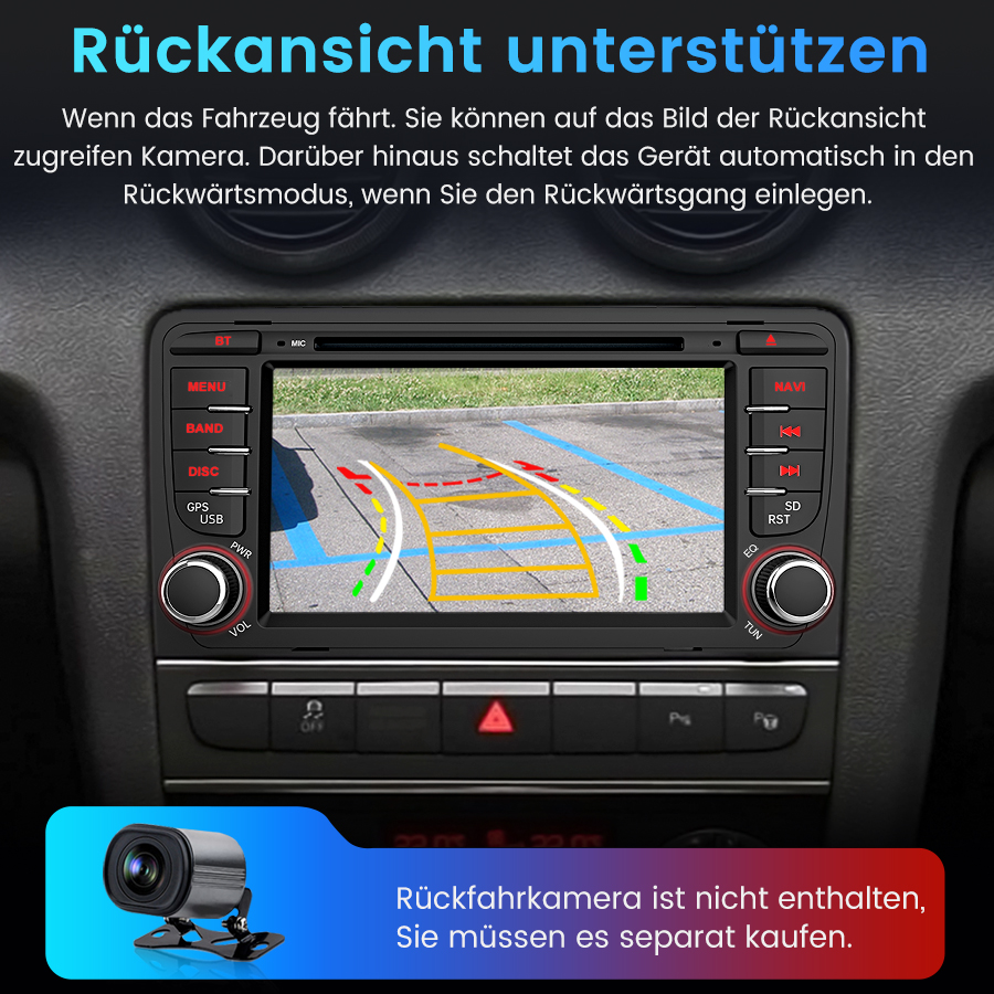 Autostereo-Bildschirm mit Rückfahrkamera-Ansicht und Parkhilfslinien in einem Armaturenbrett.