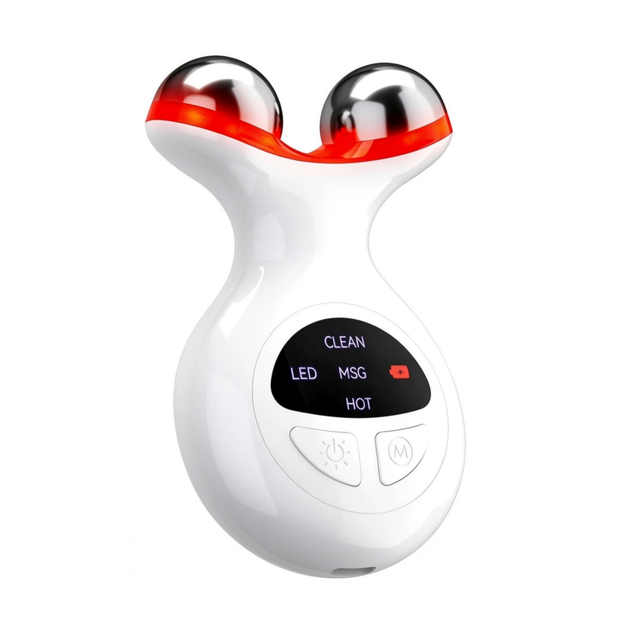 Ein weißer Gesichtsmasseur mit zwei Chromkugeln, roter LED-Leuchte, Digitaldisplay und Bedientasten vor weißem Hintergrund.