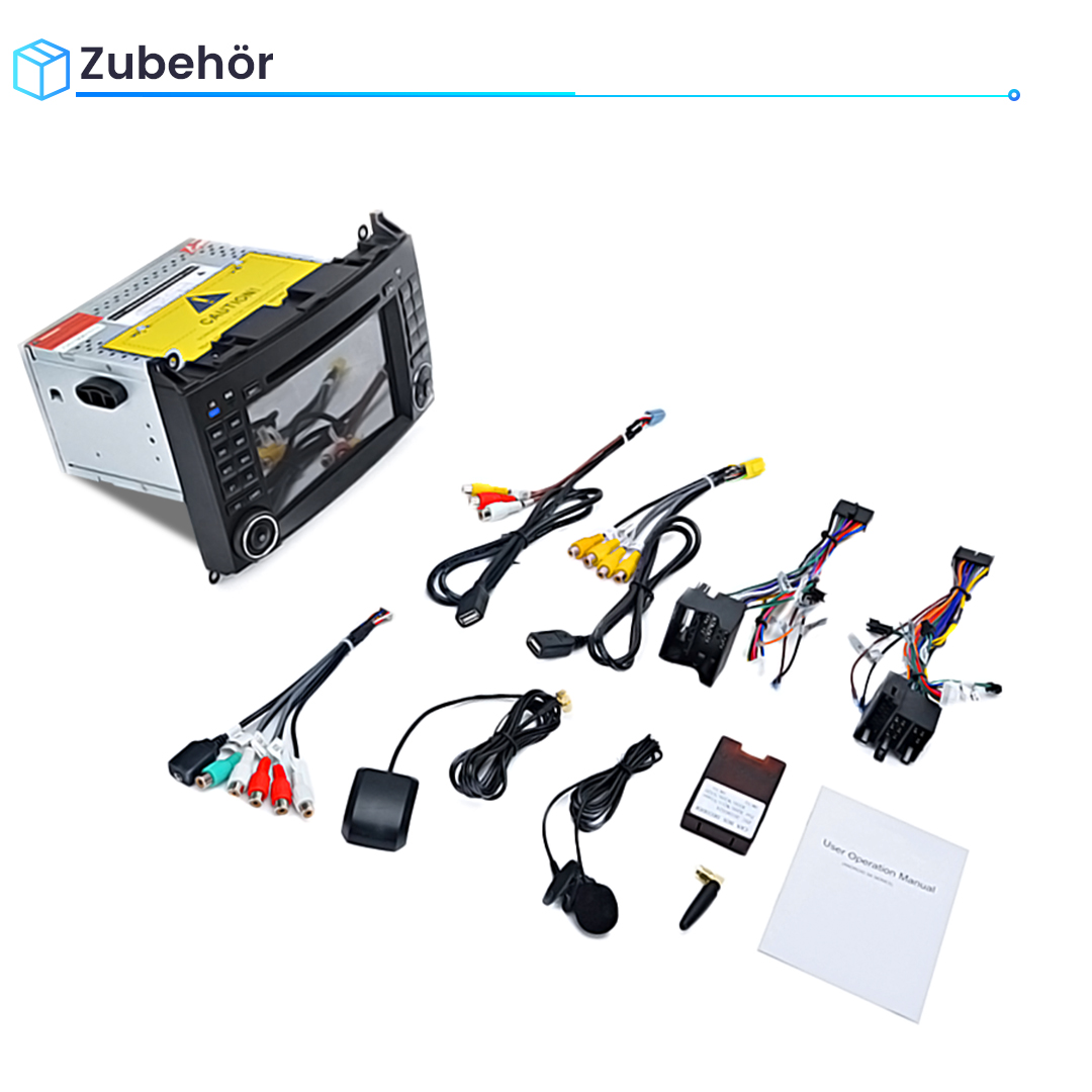 Autoradio mit verschiedenen Kabeln, GPS-Antenne, Mikrofon und Handbuch.