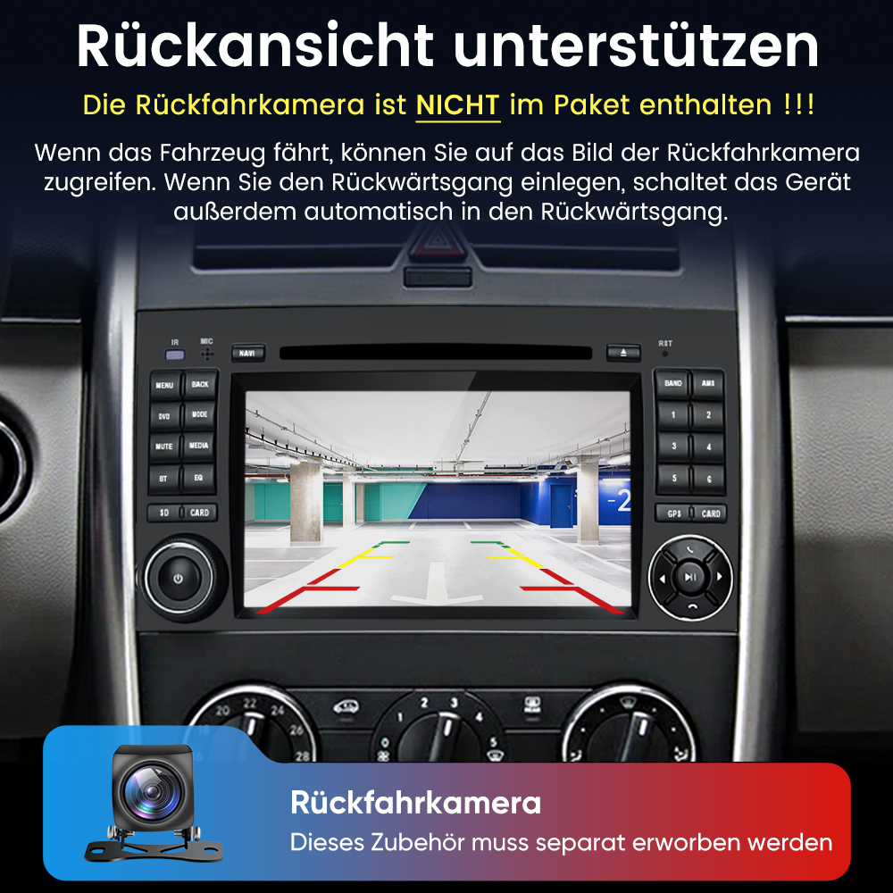 Autoradio mit Bildschirm zeigt die Ansicht einer Tiefgarage beim Rückwärtsfahren.