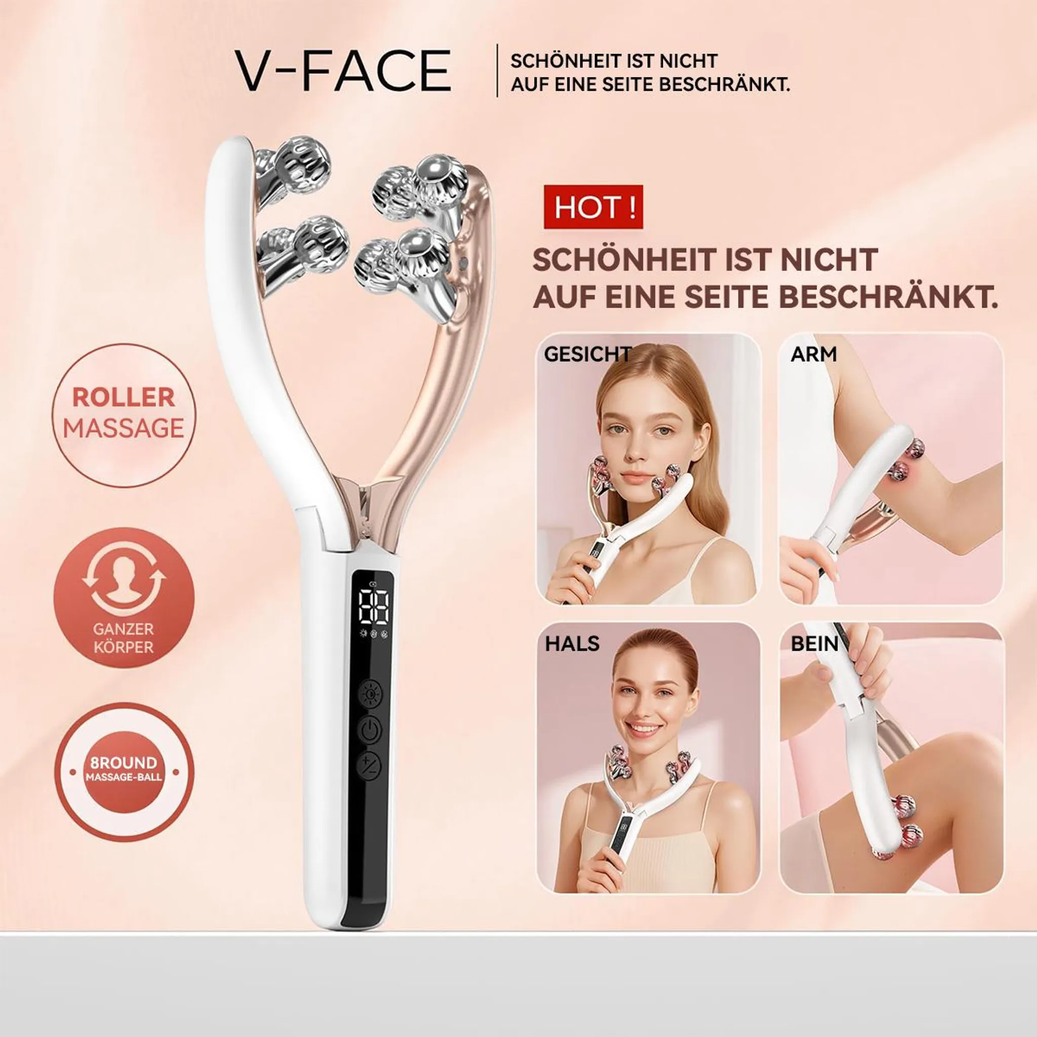 Ein V-Face-Massagegerät mit Rollen zeigt Anwendungen im Gesicht, am Arm, Hals und Bein mit deutschem Text.