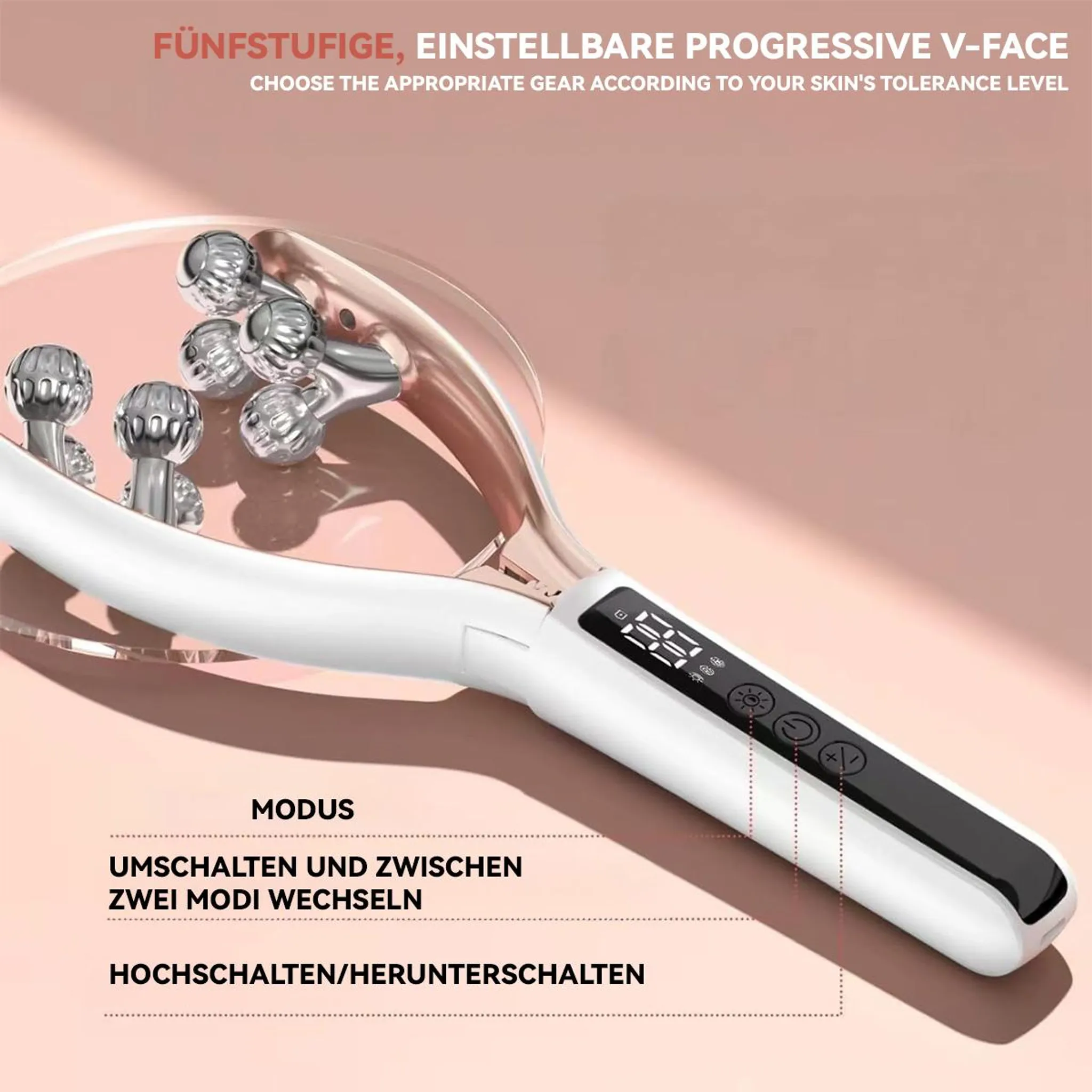 Ein weißer und roségoldener Gesichtsroller mit mehreren Silberköpfen und Digitaldisplay.