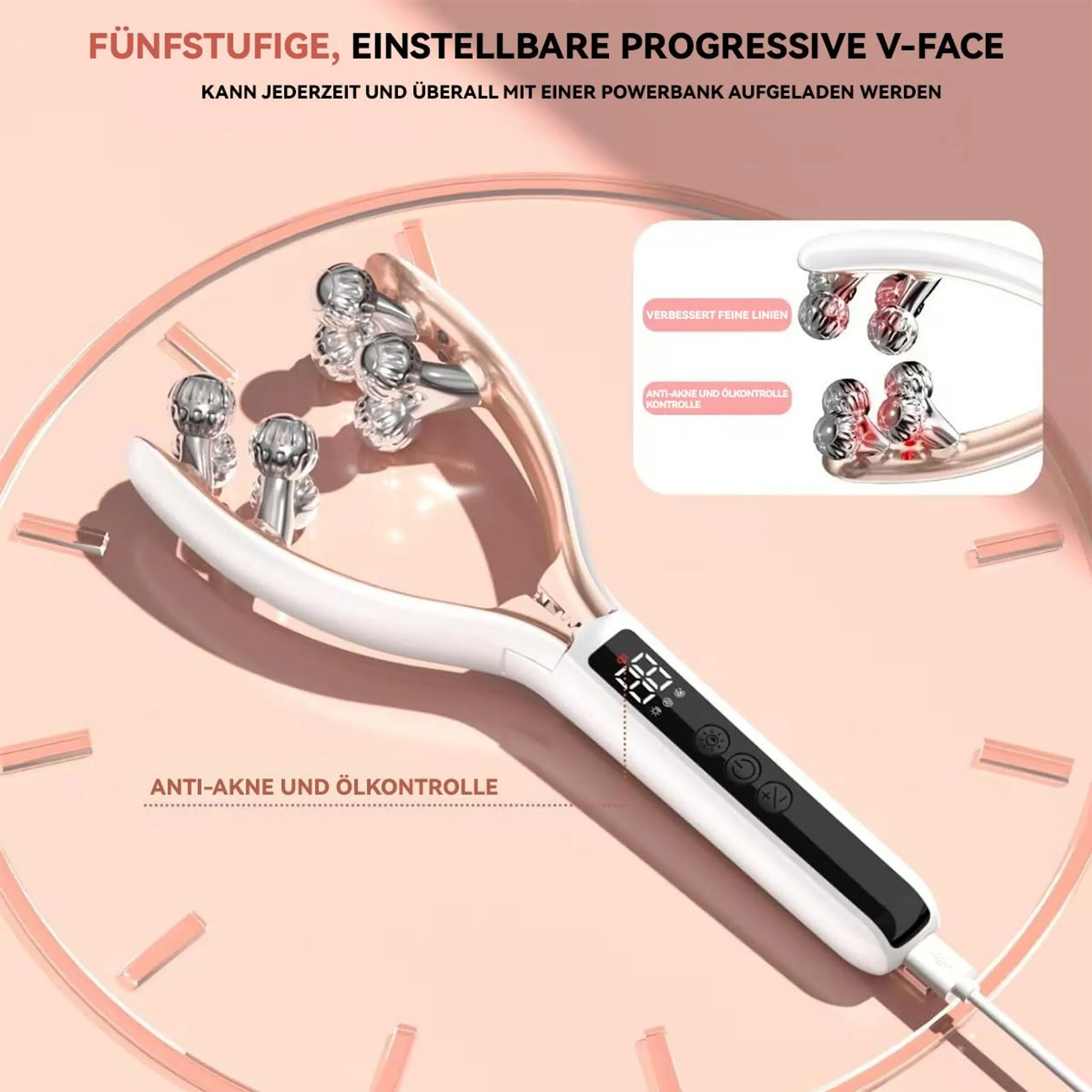 Weißes und roségoldenes V-Face-Gerät mit Massagerollen und LED-Display.