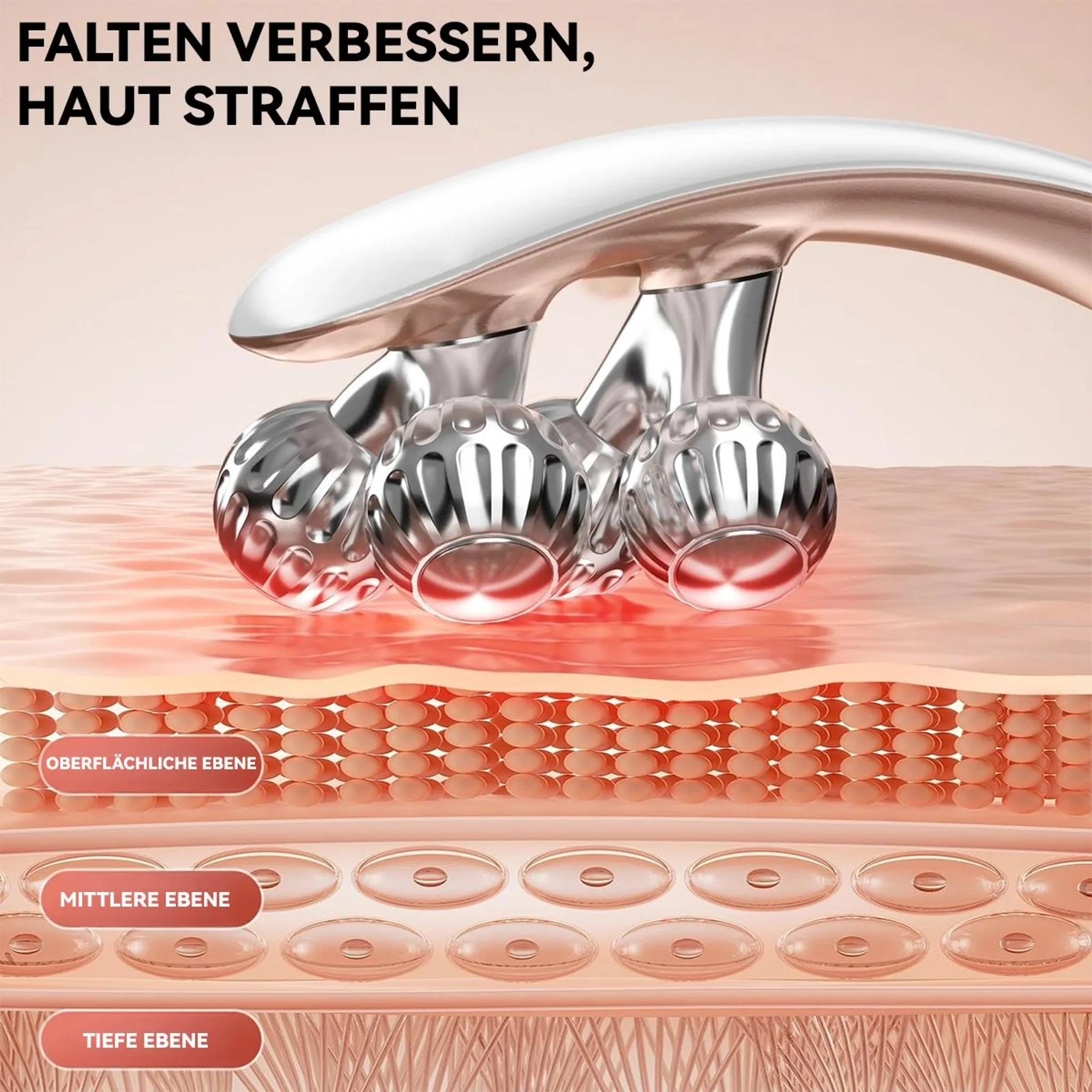 Ein Gesichtsroller gleitet über die Haut und zeigt darunter die verschiedenen Hautschichten.
