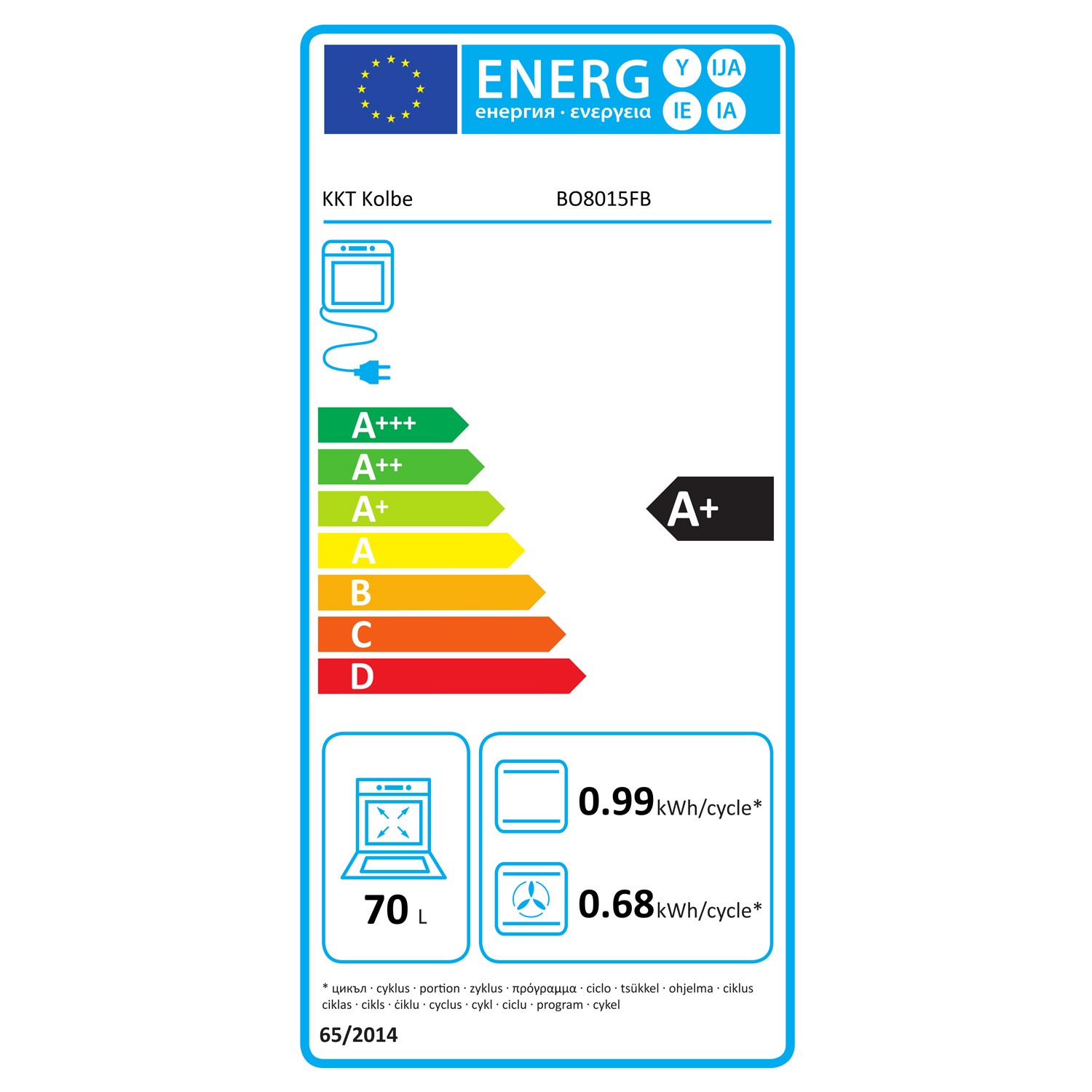 Energieeffizienzlabel für KKT Kolbe BO8015FB mit A+ Klassifizierung und Verbrauchsdaten.