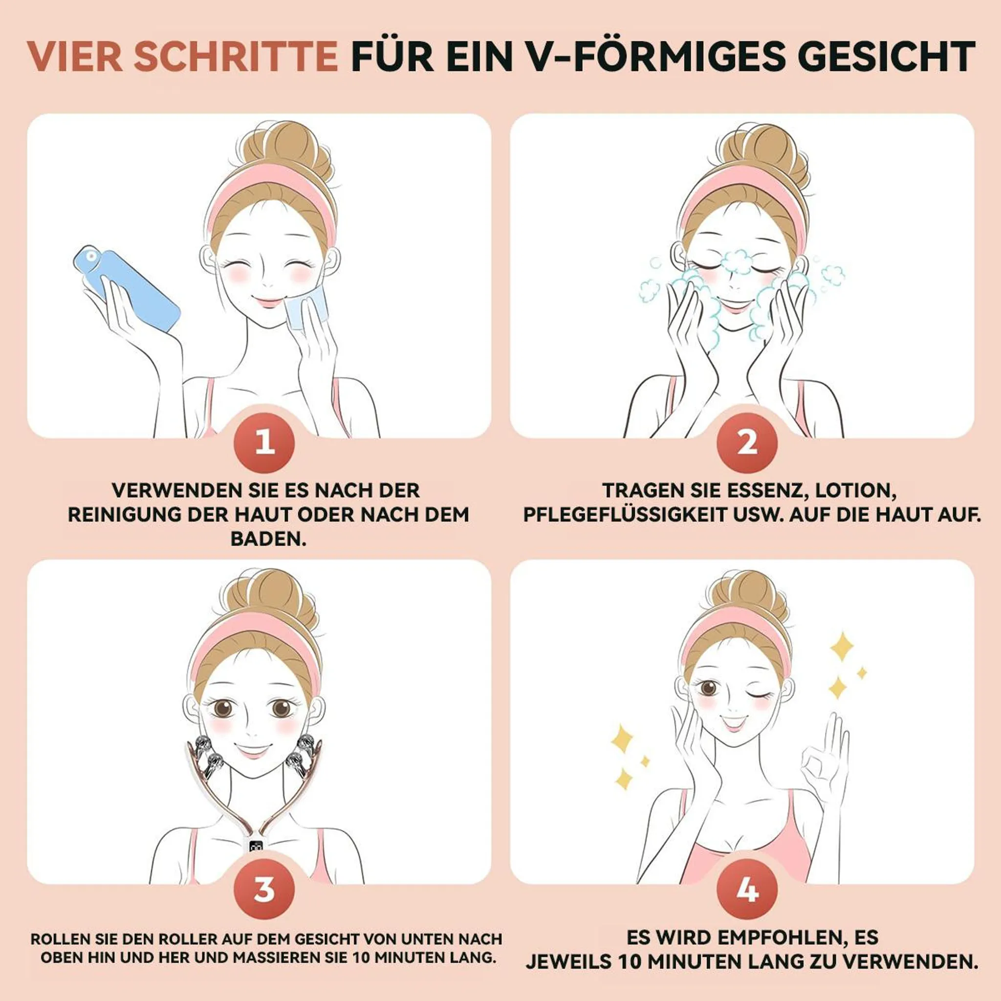 Vier schritte für ein v-förmiges gesicht mit gesichtsreinigung, lotion, massage und dem endergebnis.