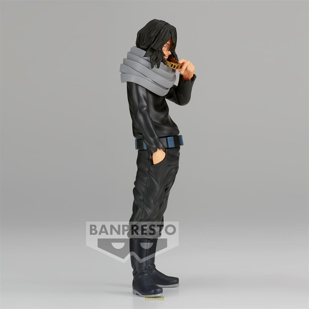 Figura de anime de Shota Aizawa con ropa negra y una bufanda gris.