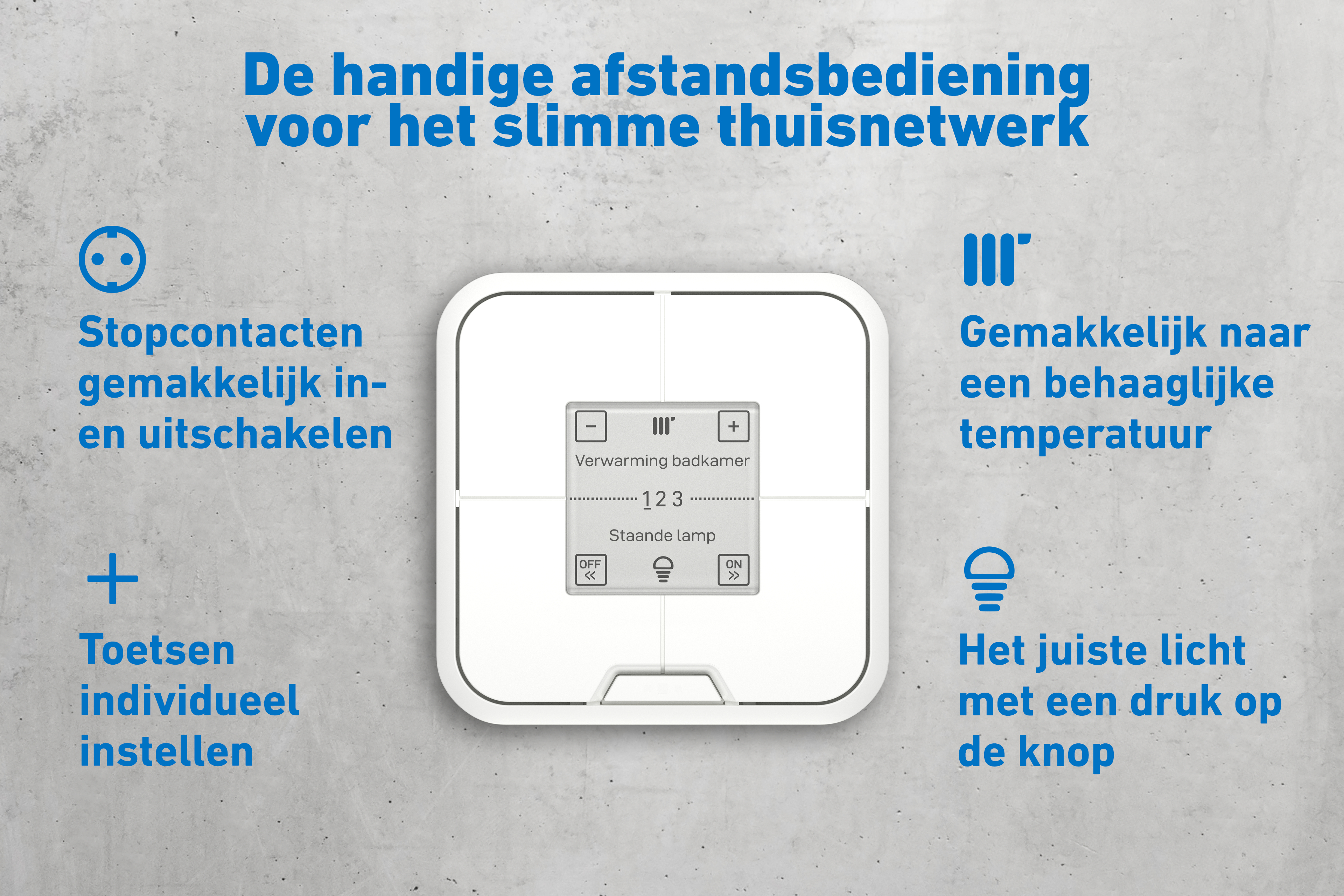 Ein weißer Smart-Home-Wandschalter mit Display auf grauem Hintergrund, umgeben von erklärendem Text.