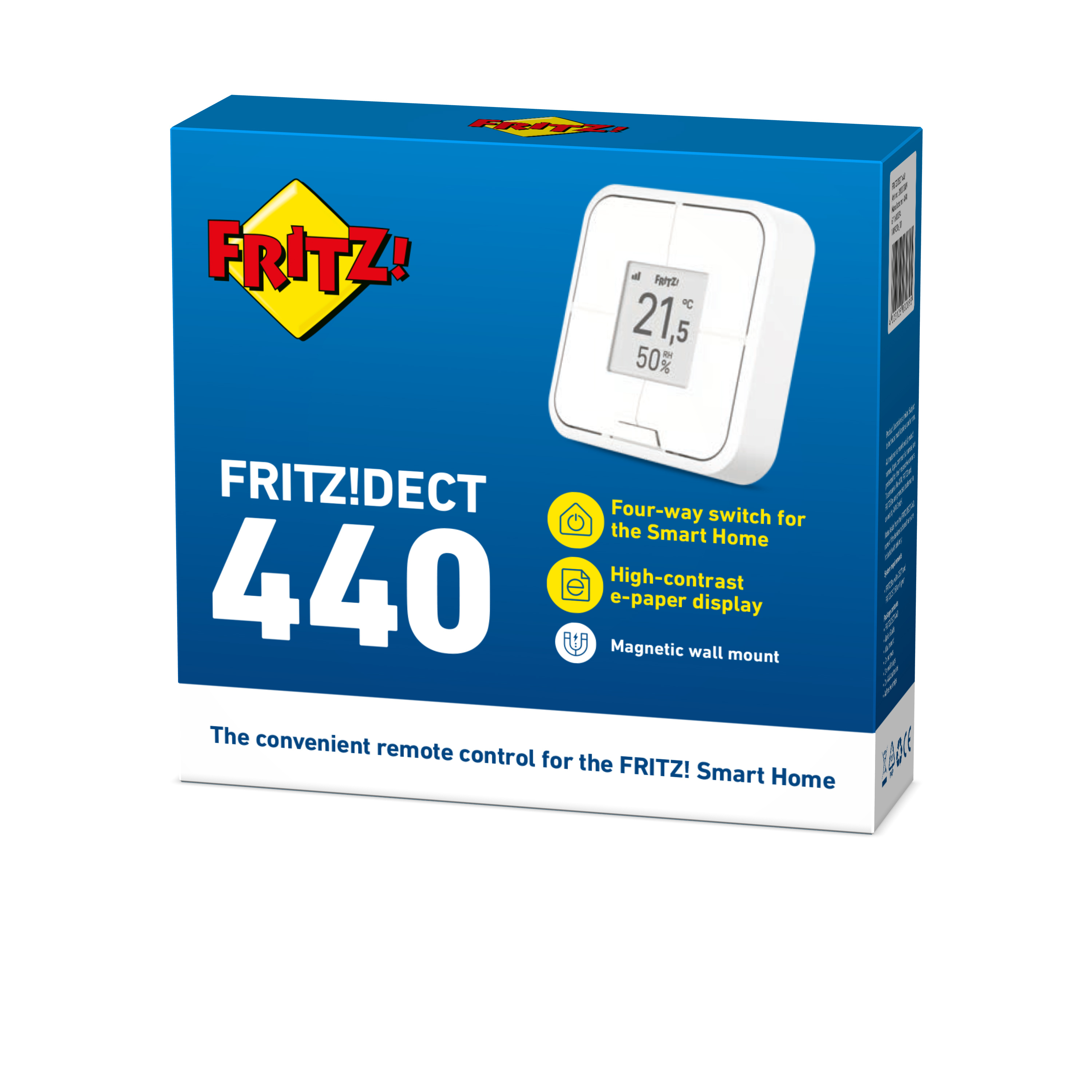 Produktverpackung für FRITZ!DECT 440 Smart-Home-Fernbedienung vor blau-weißem Hintergrund.