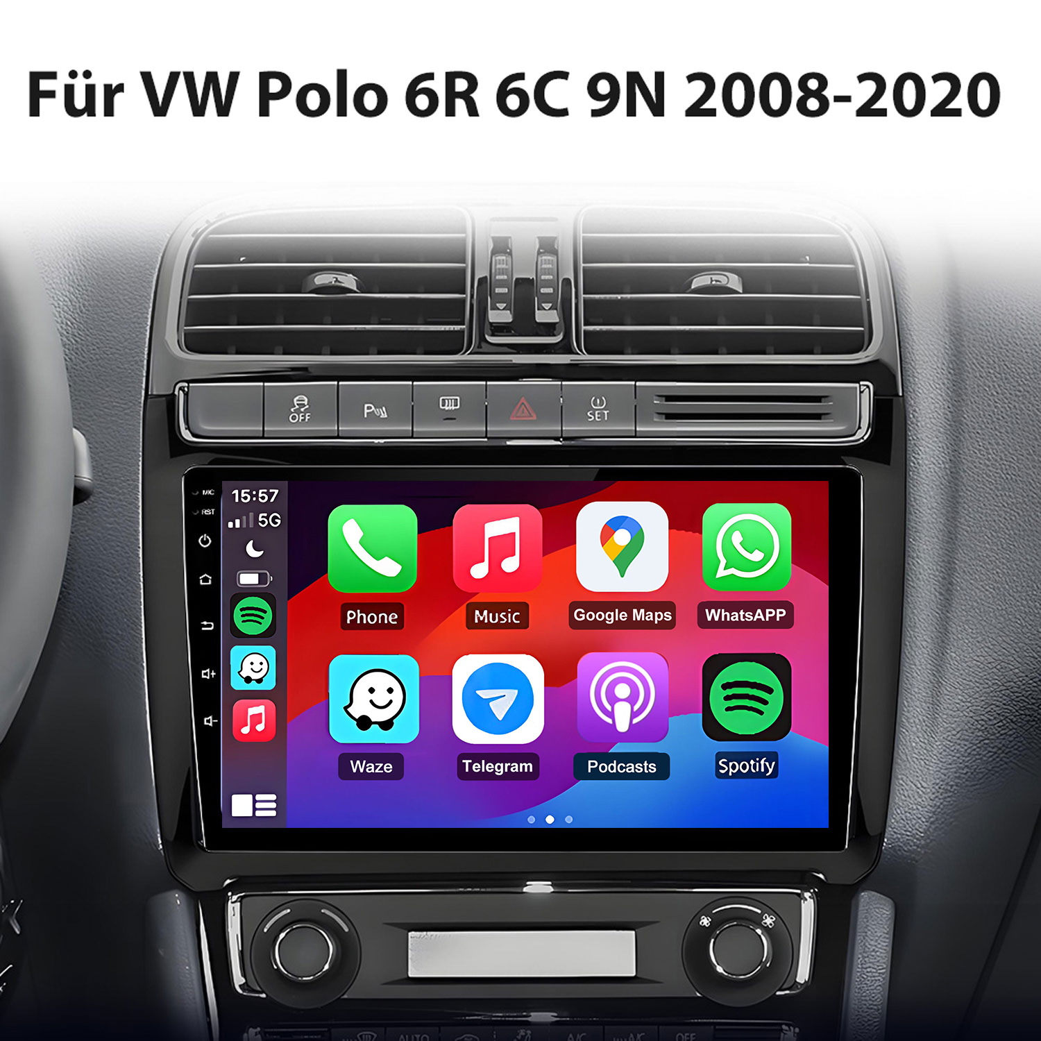 Autodisplay mit App-Icons im VW Polo Armaturenbrett.