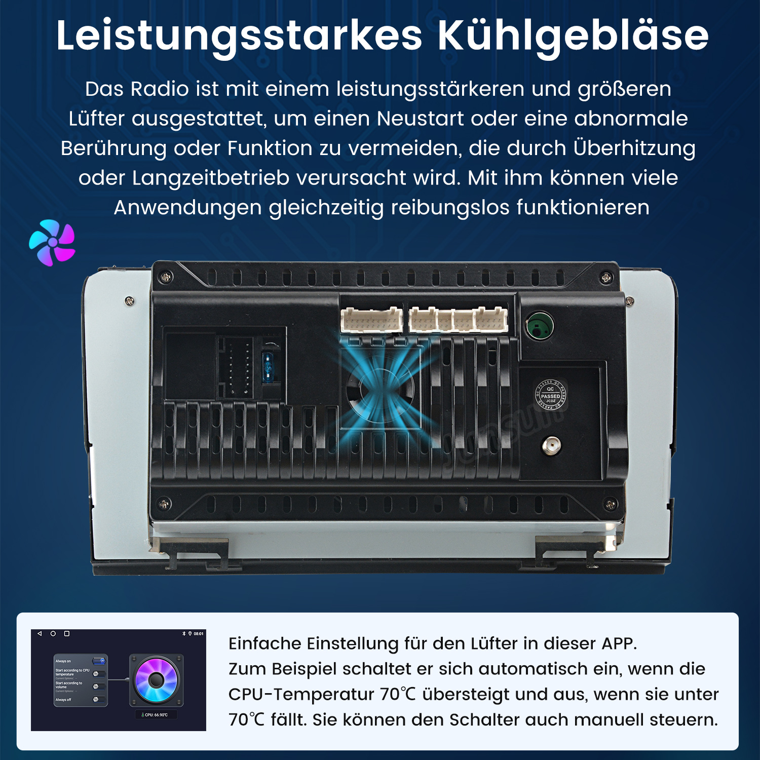 Rückseite eines Autoradios mit integriertem Kühlgebläse und Anschlüssen.