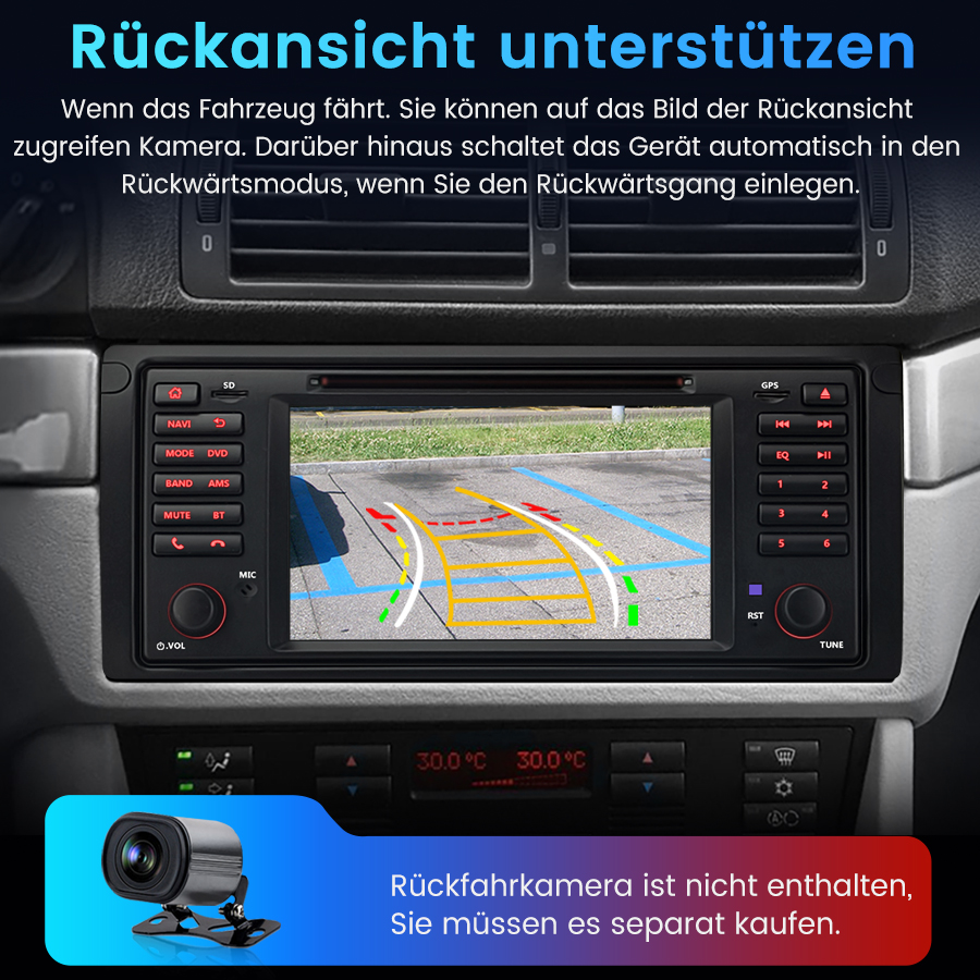 Autoradio mit Bildschirm zeigt die Rückfahrkameraansicht mit Parklinien.