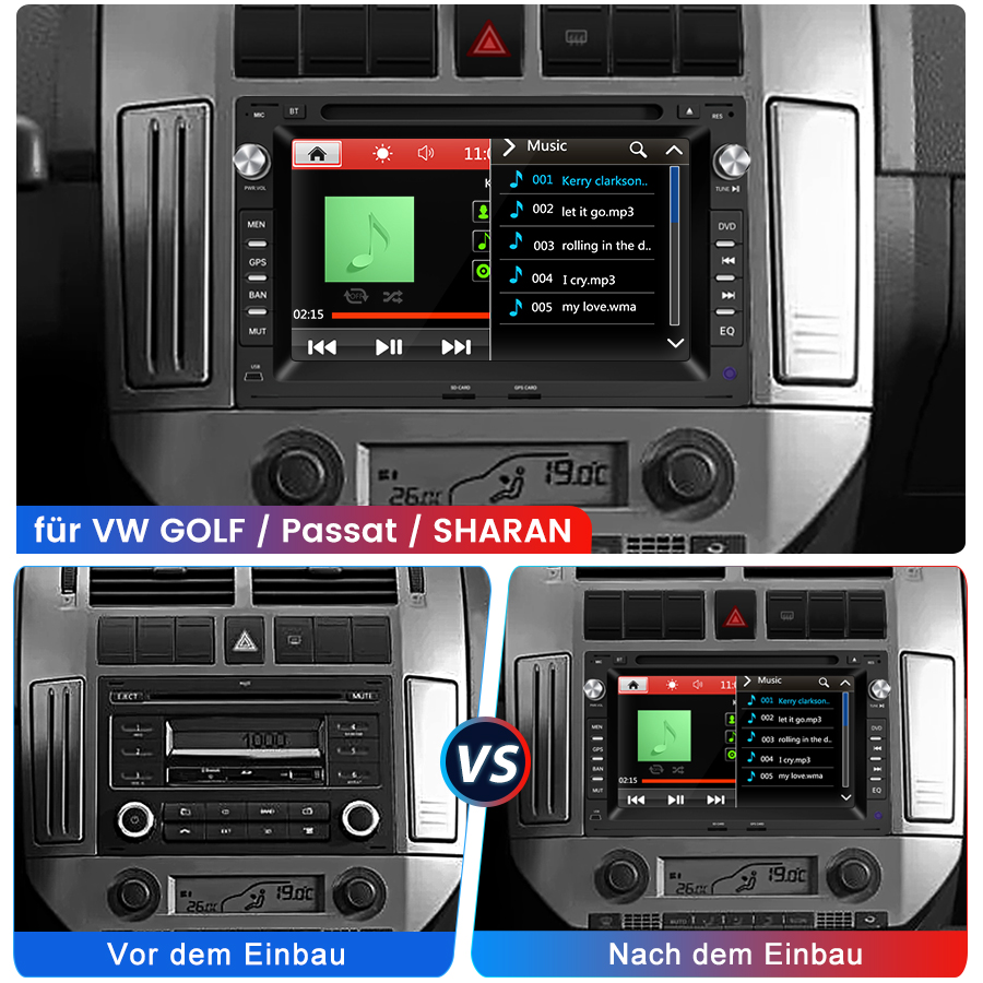Vergleich eines Auto-Armaturenbretts vor und nach dem Einbau eines neuen Multimedia-Touchscreen-Radios.