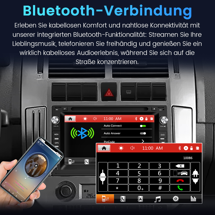 Autoinnenraum mit Bluetooth-Autoradio und Smartphone, das Musik abspielt.