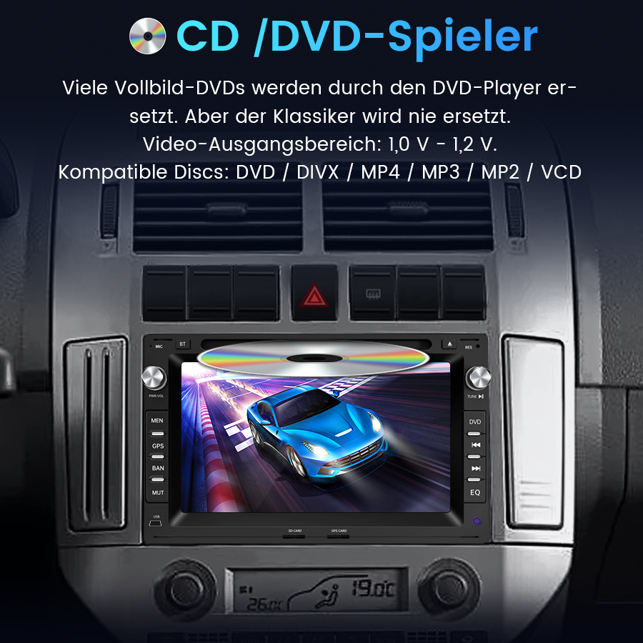 Autoradio mit CD-Spieler und Bildschirm im Armaturenbrett.