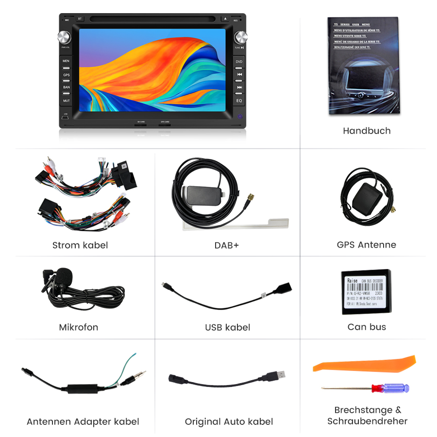 Autoradio mit Handbuch, Kabelbäumen, DAB- und GPS-Antennen, Mikrofon, USB- und Adapterkabeln sowie Werkzeugen.