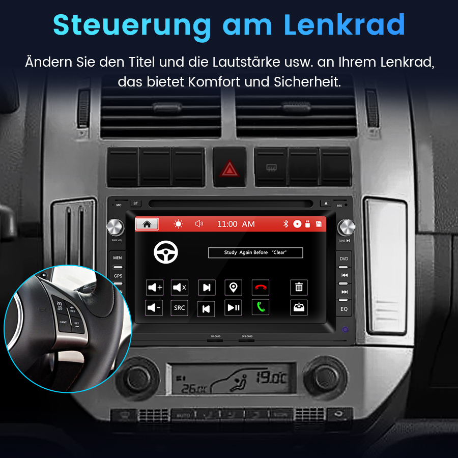 Autodashboard mit Multimedia-Bildschirm und Lenkradtasten-Inset.