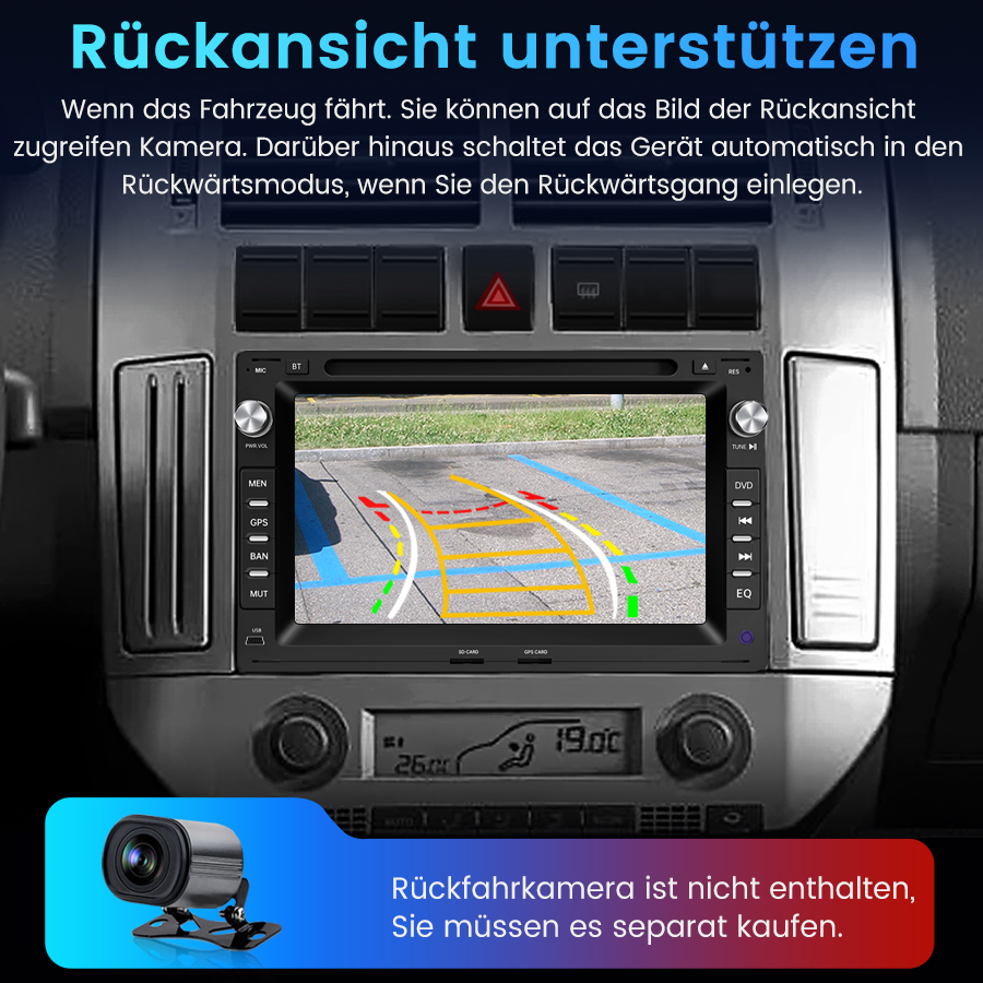 Autoradio mit Bildschirm zeigt Rückfahrkamera-Ansicht mit Parklinien. Kamera nicht enthalten.