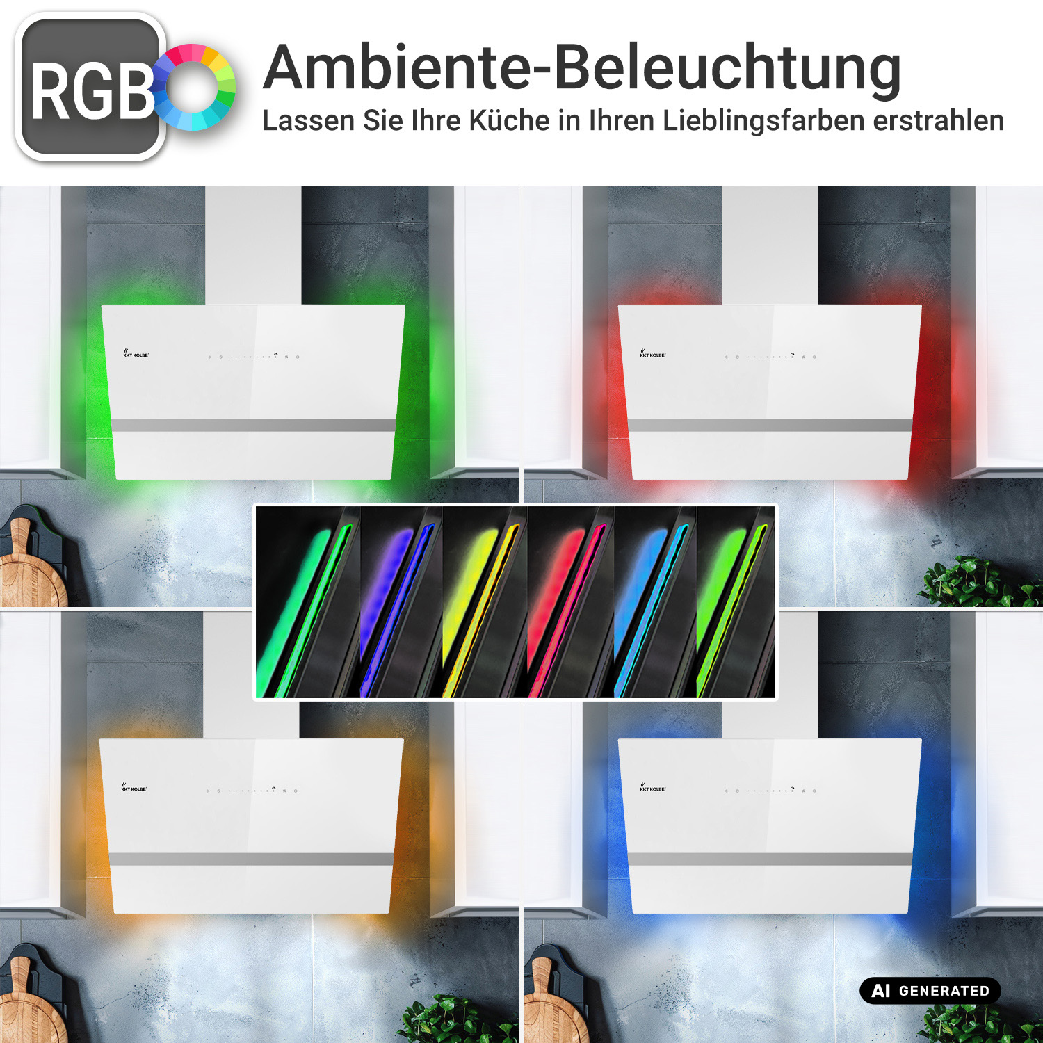 Una cappa da cucina bianca con illuminazione ambientale RGB personalizzabile in vari colori.