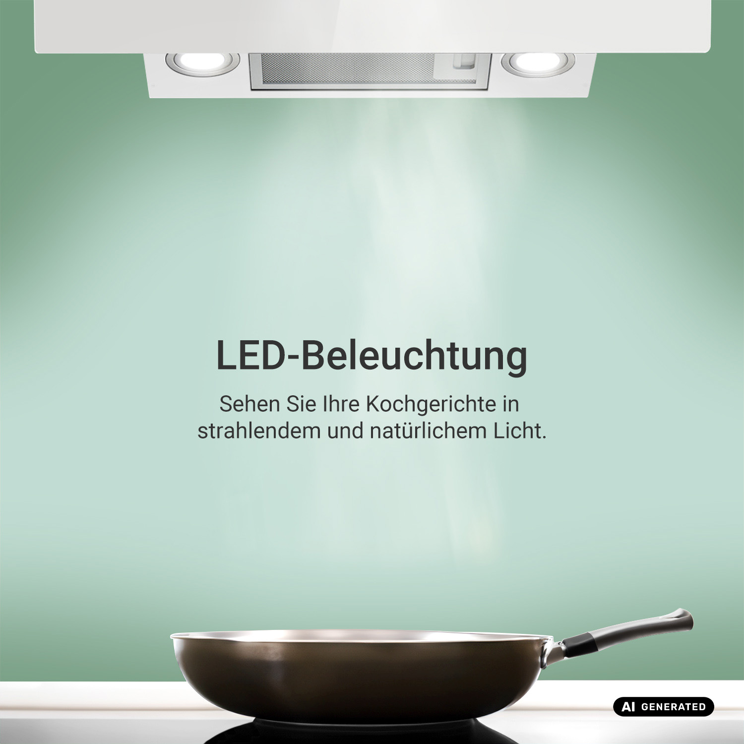 Una padella si trova sotto una cappa con luce LED contro una parete verde.
