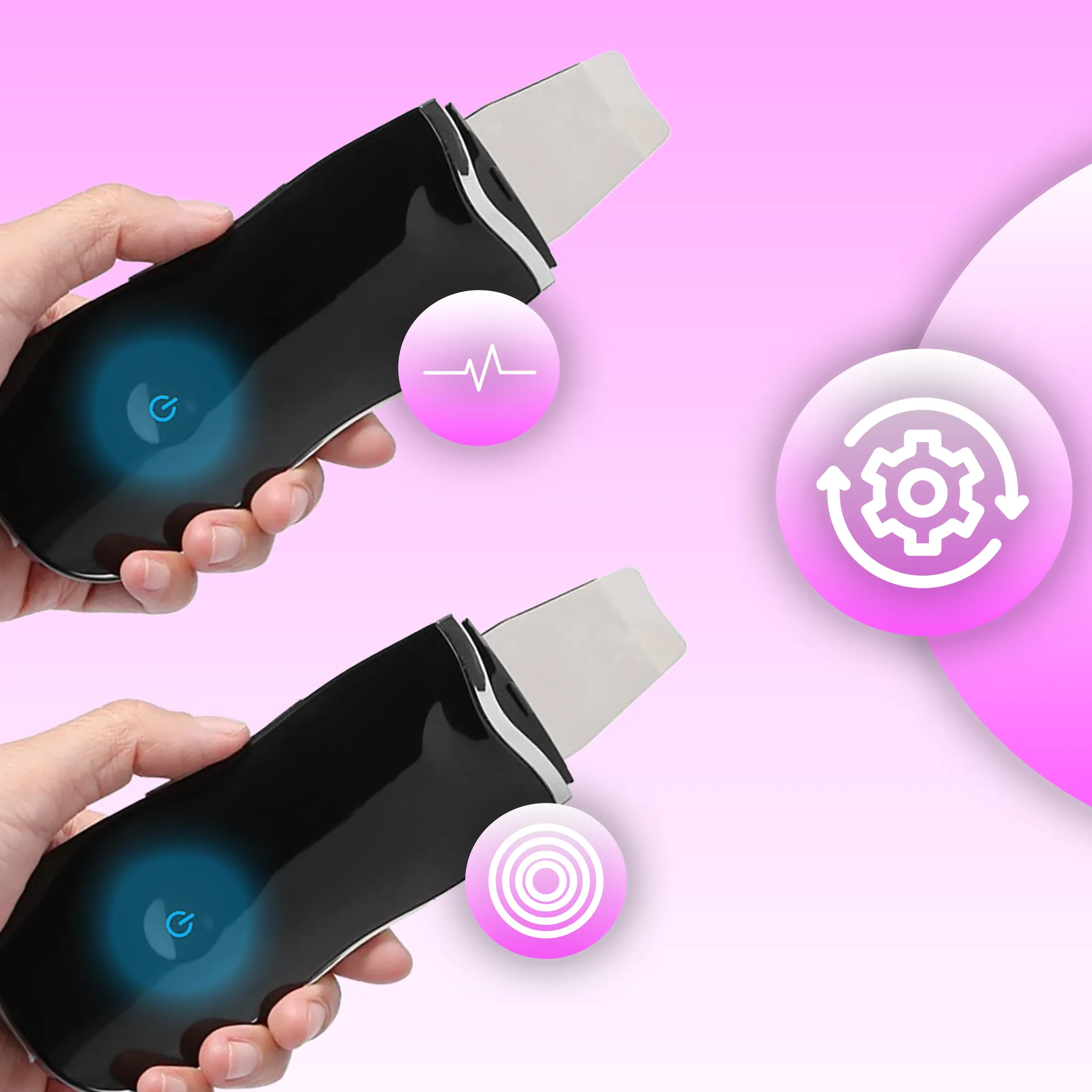 Hand hält zwei schwarze Ultraschall-Spülgeräte vor rosa Hintergrund mit Funktionssymbolen.