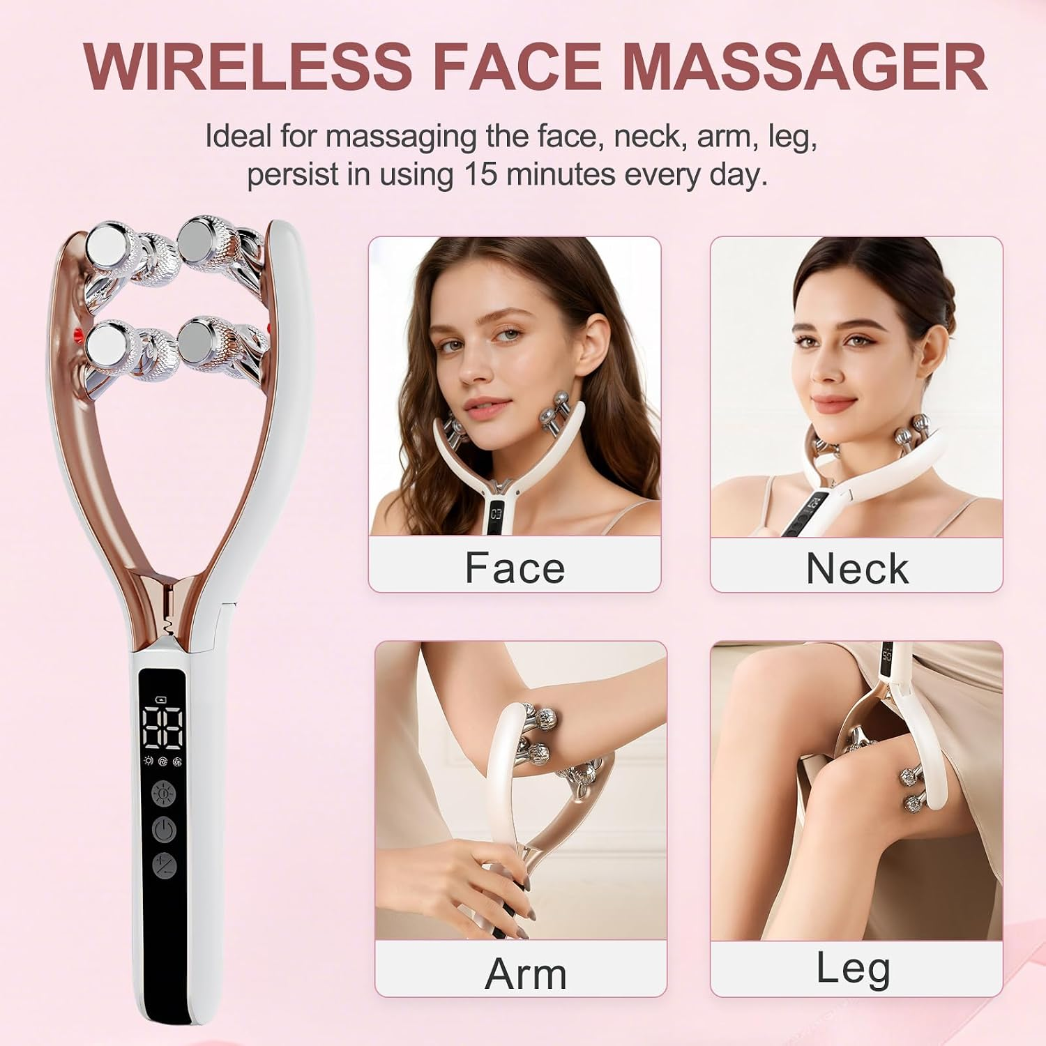 Kabelloses Gesichtsmassagegerät mit vier Rollenköpfen für Gesicht, Nacken, Arm und Bein, mit Modellen.
