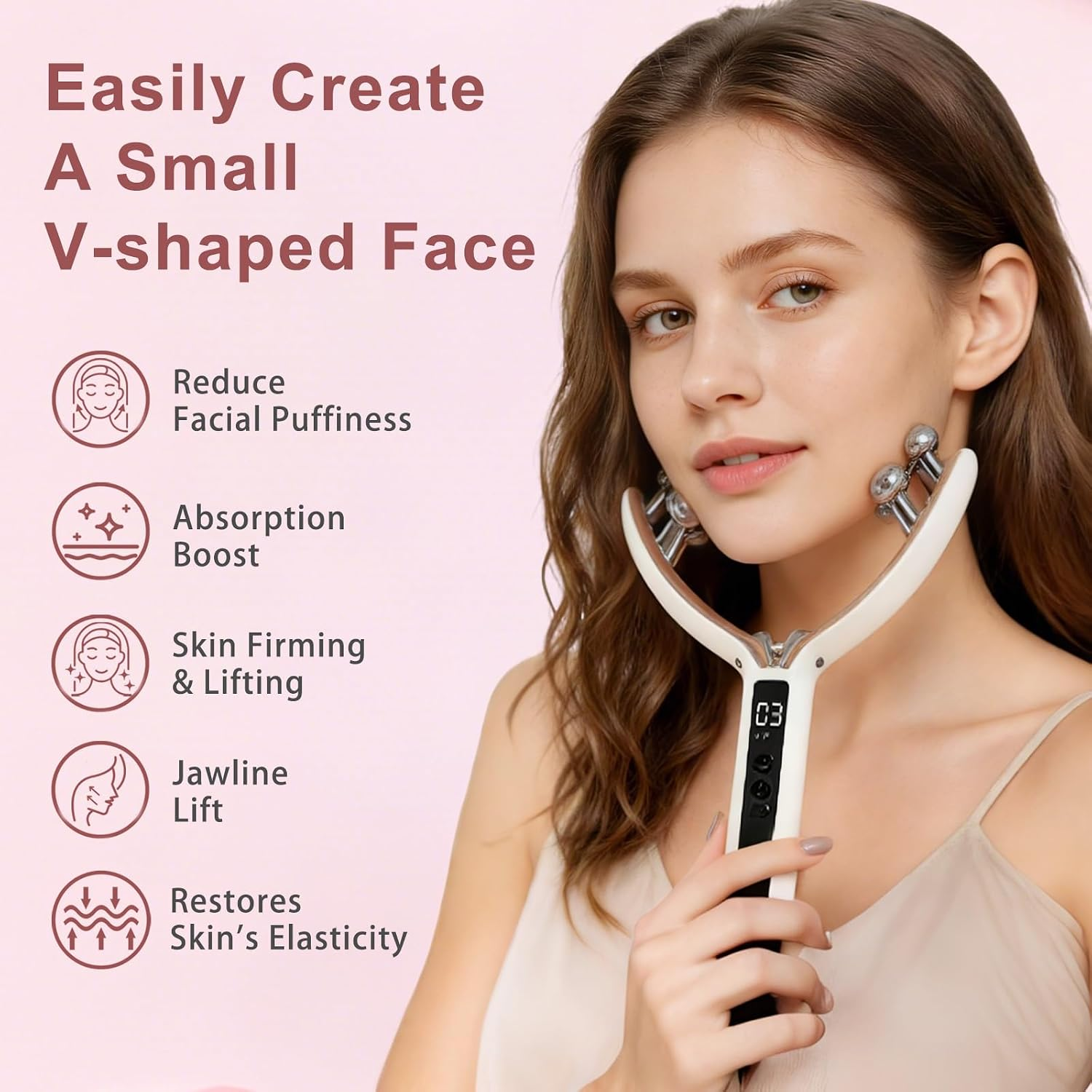 Eine Frau massiert ihr Gesicht mit einem V-förmigen Beauty-Gerät, mit Werbetexten über Hautstraffung.