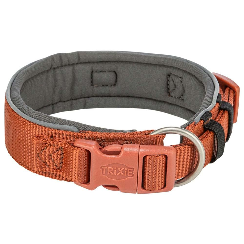 Ein orangefarbenes Trixie-Hundehalsband mit grauer Polsterung, Plastikverschluss und Metallring auf weißem Hintergrund.