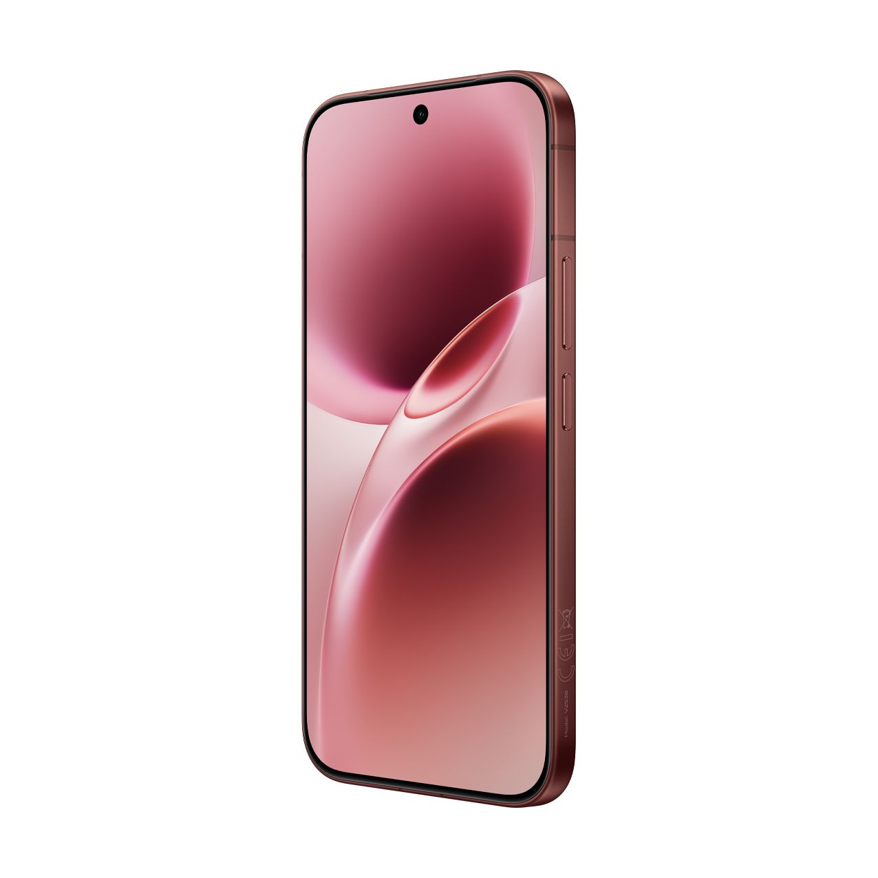 Uno smartphone rosa inclinato lateralmente mostra uno schermo rosa astratto e pulsanti laterali fisici.