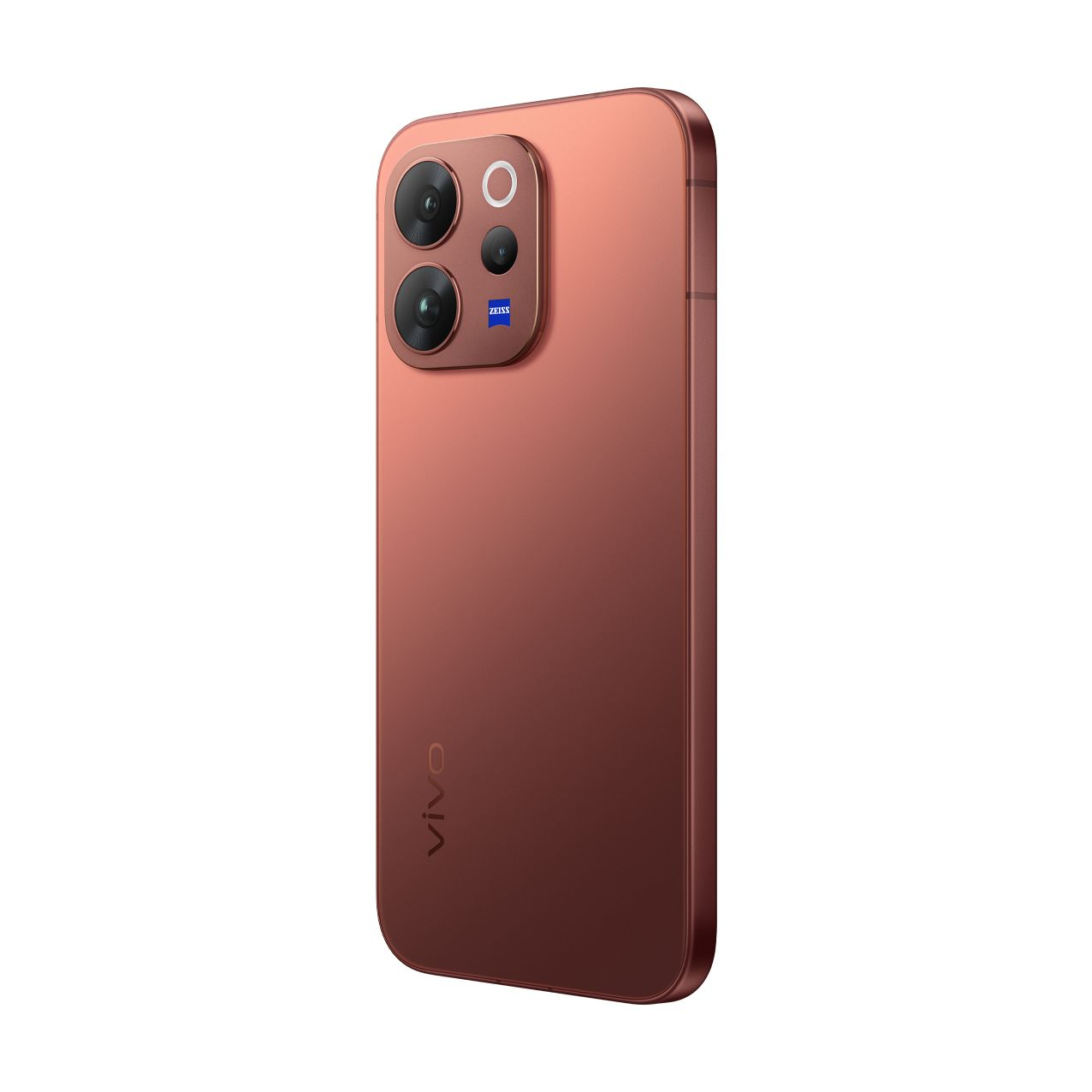 Retro di uno smartphone vivo rosso con un modulo fotocamera quadrato e logo Zeiss.
