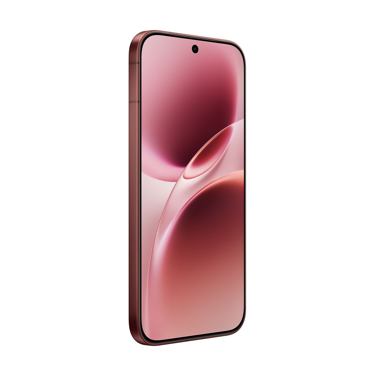 Uno smartphone rosa visto di lato con un'immagine di sfondo fluida e astratta sul display.