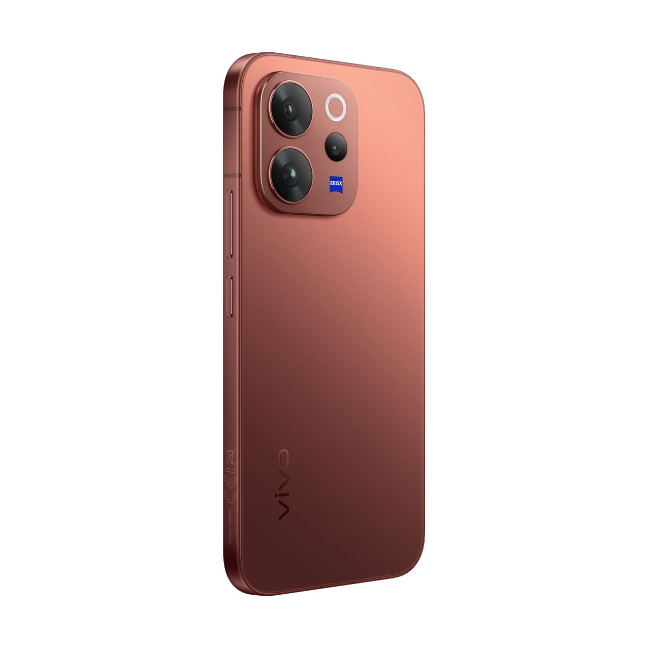 Vista posteriore di uno smartphone Vivo rosso con un modulo fotocamera in alto a sinistra e logo Vivo in basso.