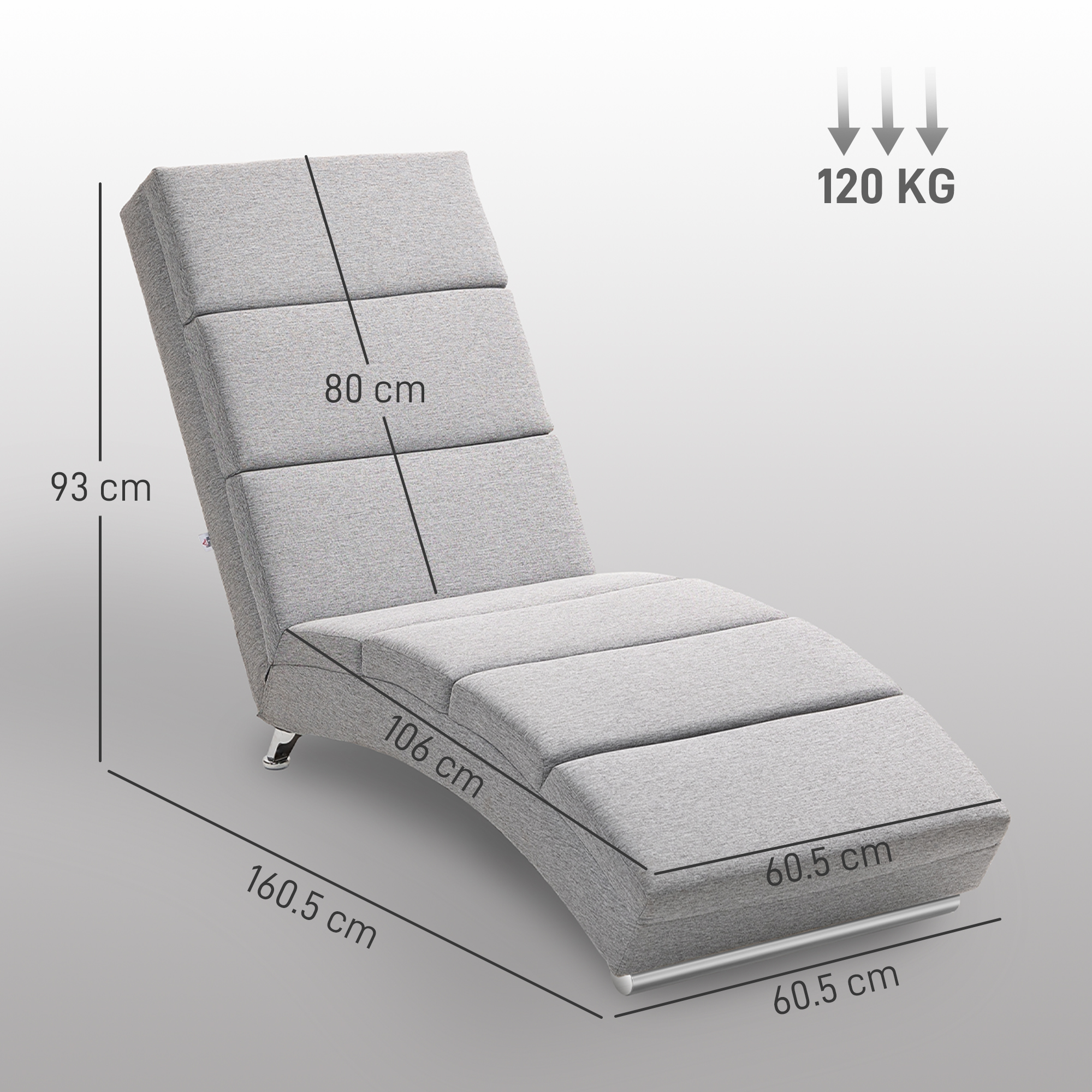Chaise longue imbottita grigia con dimensioni e capacità di 120 kg su sfondo grigio.