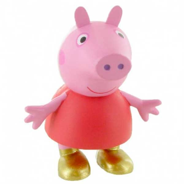 Una figura de juguete de Peppa Pig rosa con vestido rojo y zapatos dorados, sobre fondo blanco.
