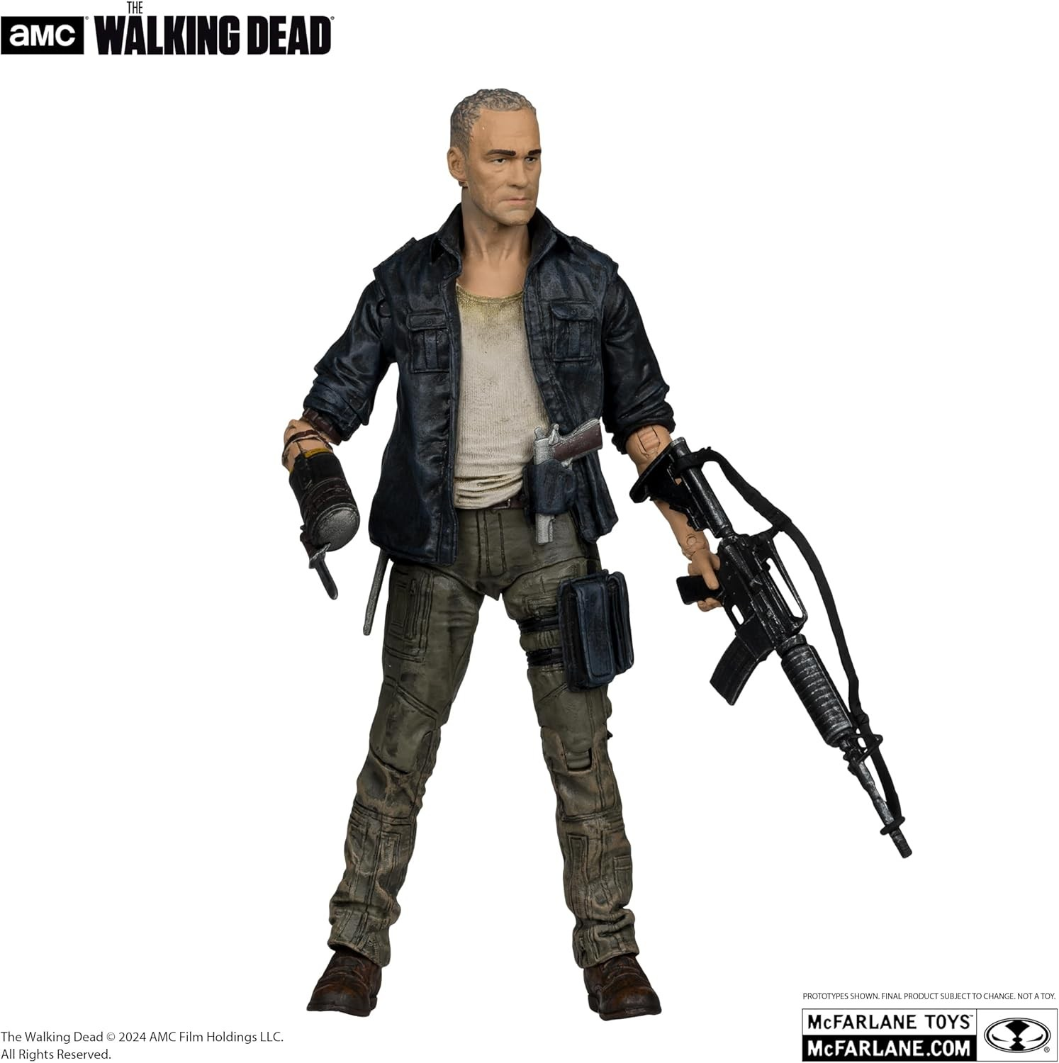 Figura de acción de Merle Dixon de The Walking Dead con chaqueta oscura, pantalón verde y un rifle.