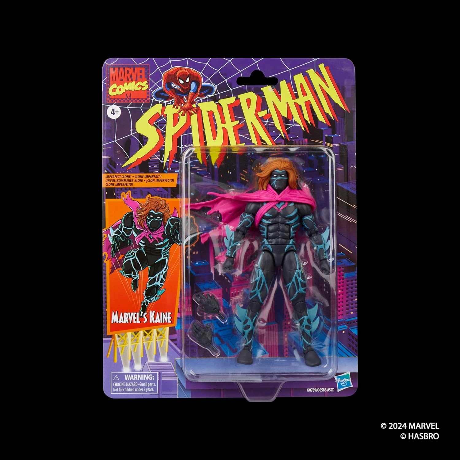 Figura de acción de Marvel's Kaine en su empaque original con capa rosa.