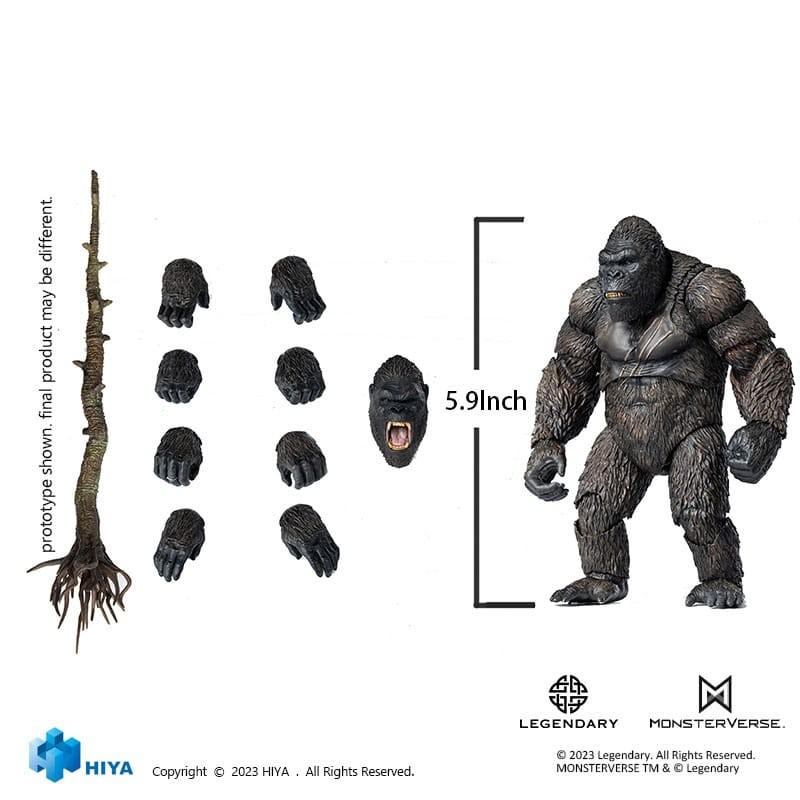 Figura de acción de Kong de 5.9 pulgadas con manos intercambiables, cabeza extra y accesorio de árbol sobre fondo blanco.