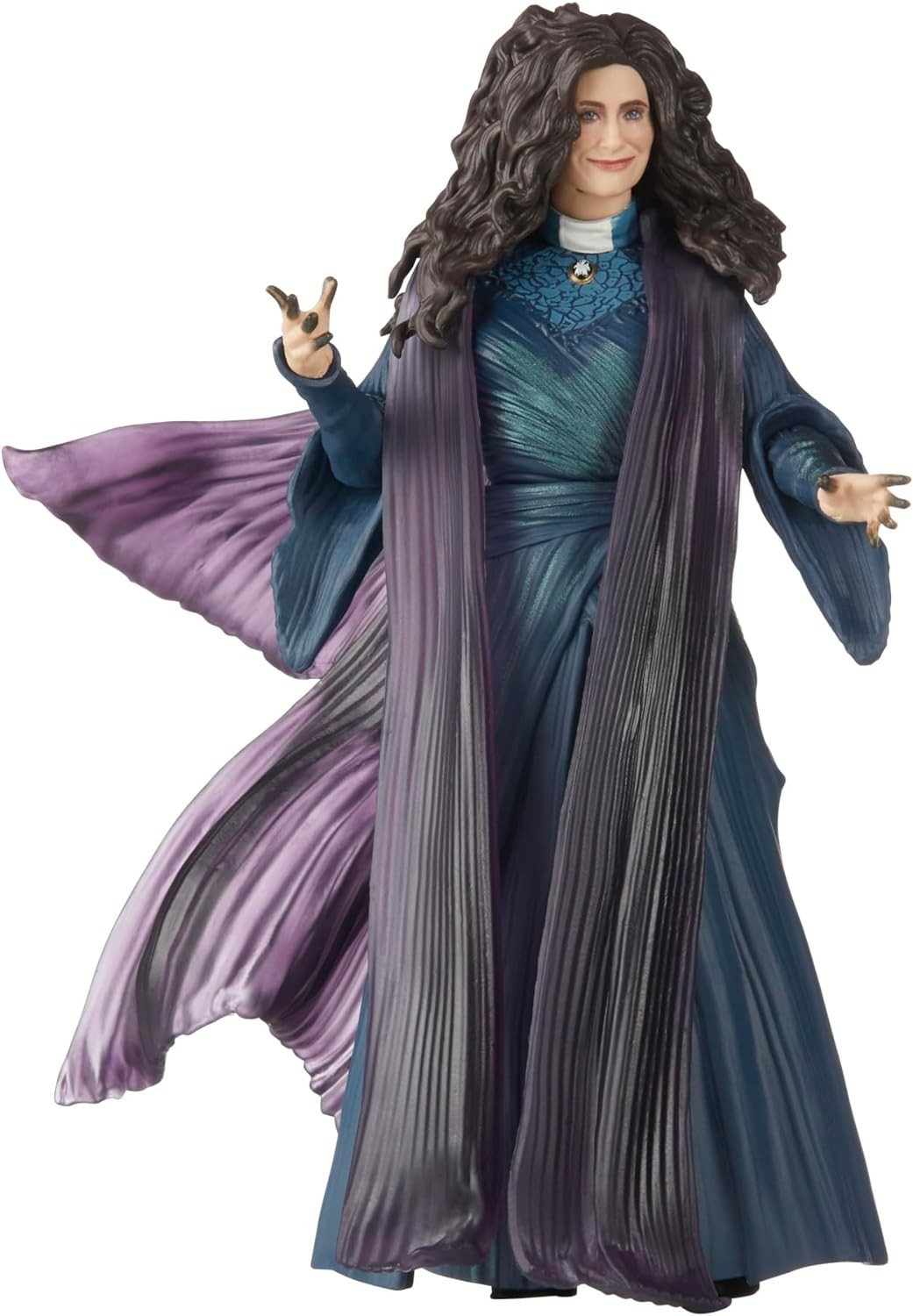 Una figura de acción femenina con cabello oscuro, vestido azul y capa morada ondeante posa con las manos extendidas.