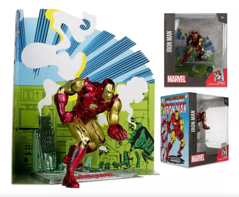 Figura de acción de Iron Man en rojo y dorado con fondo de cómic y cajas.