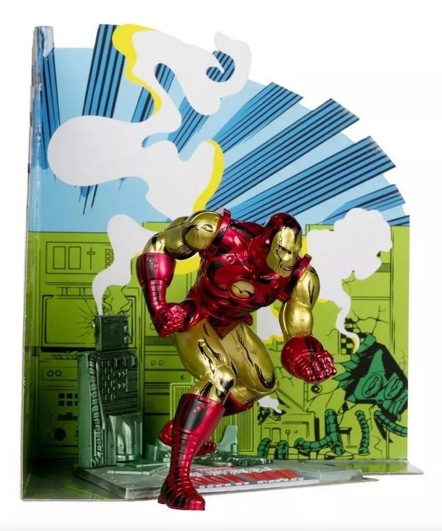 Una figura de acción de Iron Man en armadura roja y dorada frente a un fondo de cómic con humo y una consola.