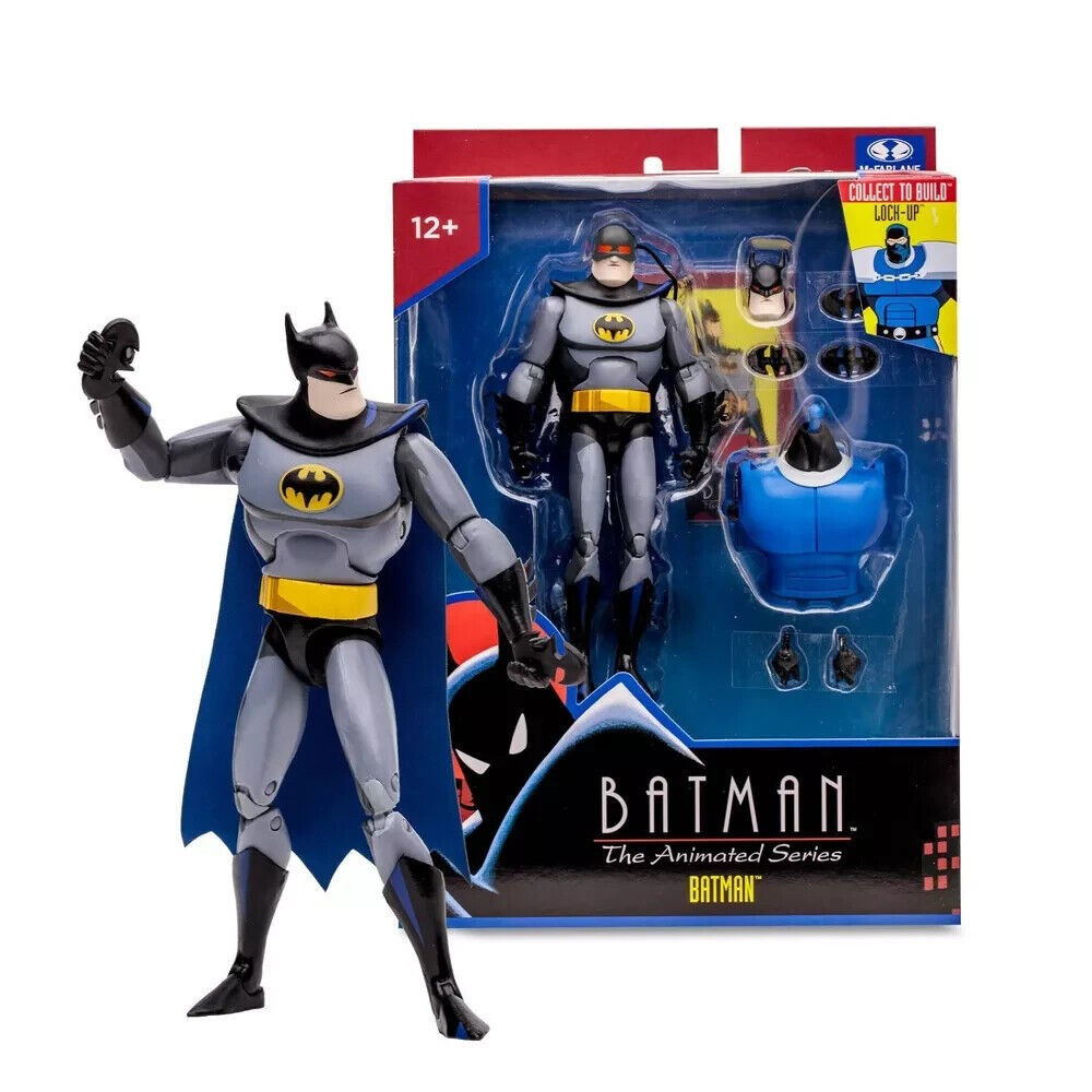 Figura de acción de Batman de The Animated Series fuera de su empaque, con otra figura y accesorios adentro.