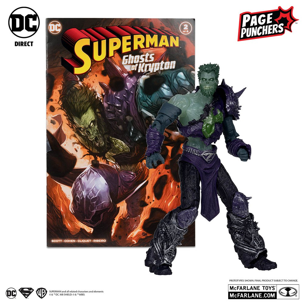 Una figura de acción zombi de piel verde se encuentra junto a un cómic de Superman titulado Ghosts of Krypton.