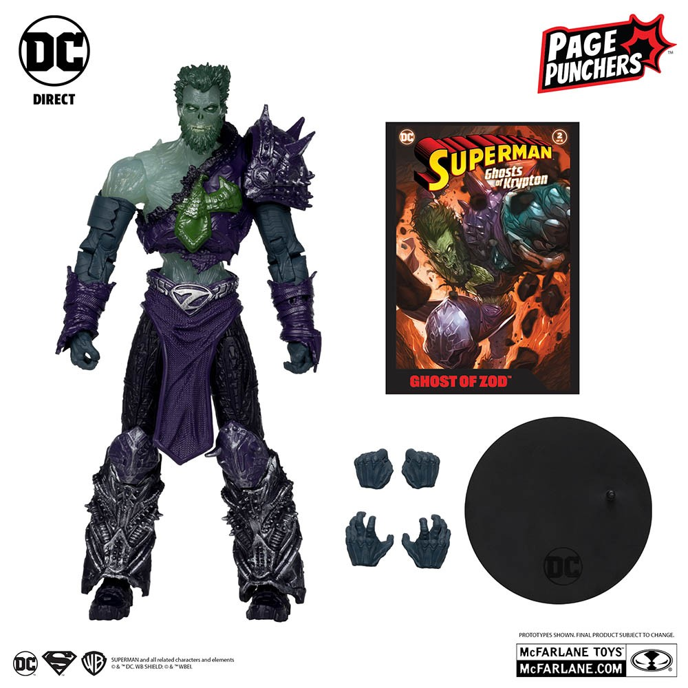 Figura de acción DC Direct Ghost of Zod con cómic, manos extra y base sobre fondo blanco.