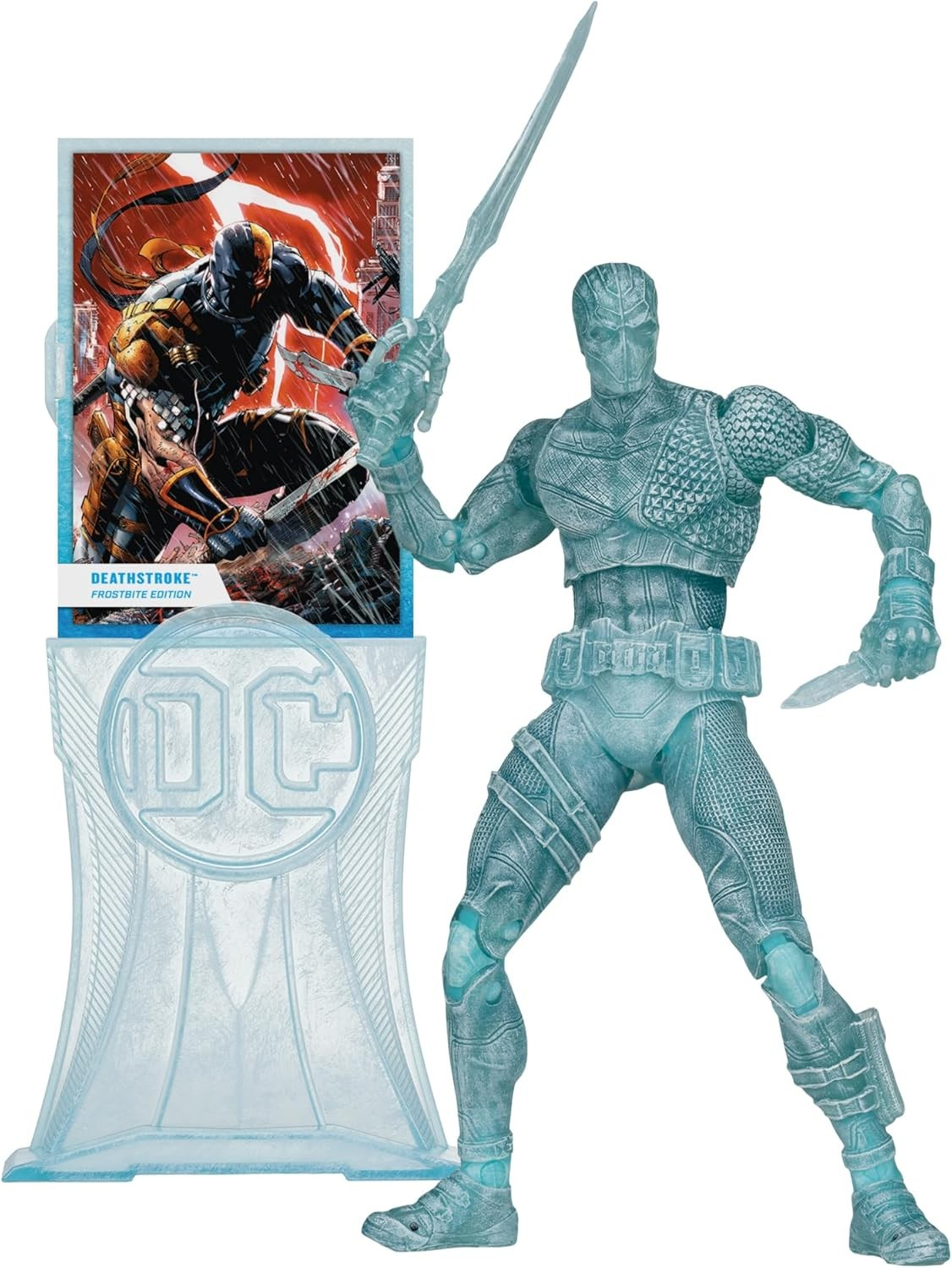 Figura de acción de Deathstroke Frostbite Edition en azul hielo con espada, cuchillo y tarjeta del personaje.
