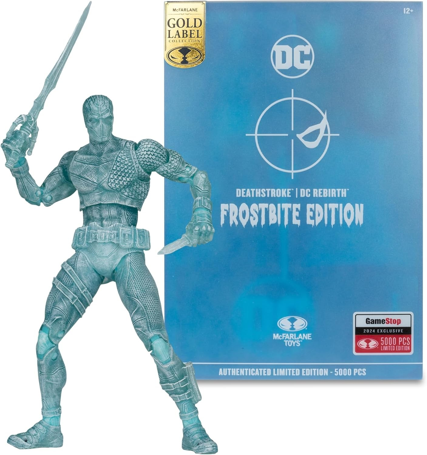 Figura de acción translúcida de Deathstroke Frostbite Edition frente a una caja azul.