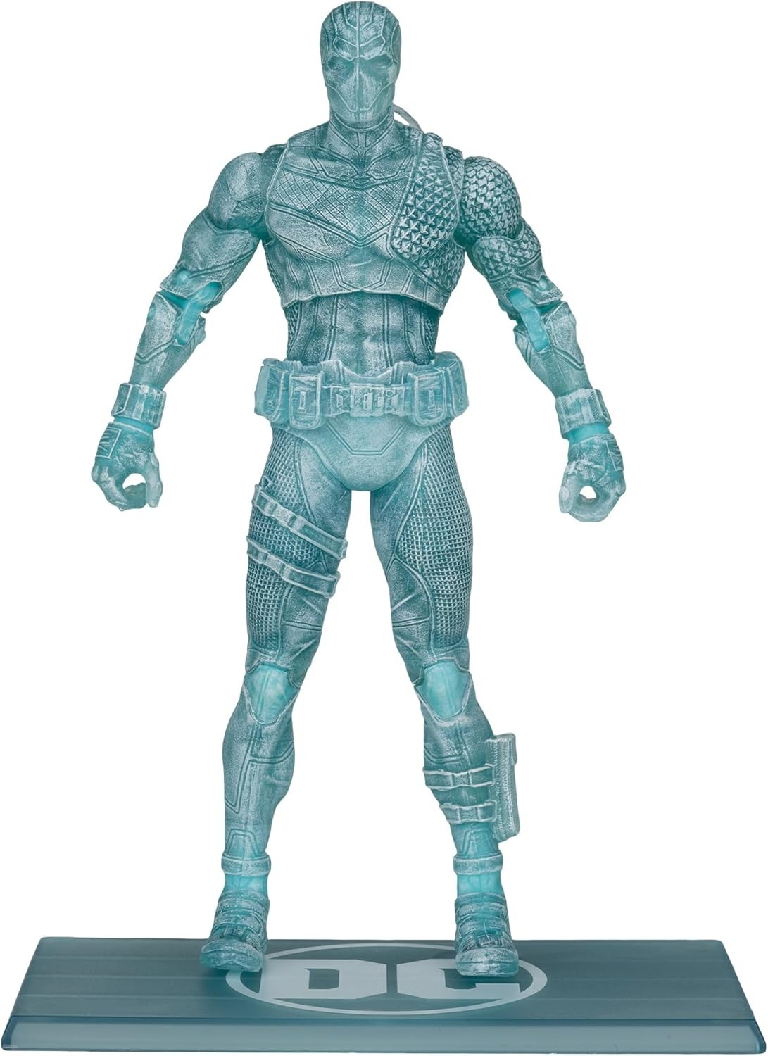 Figura de acción translúcida azul de Deathstroke sobre una base de DC con fondo blanco.