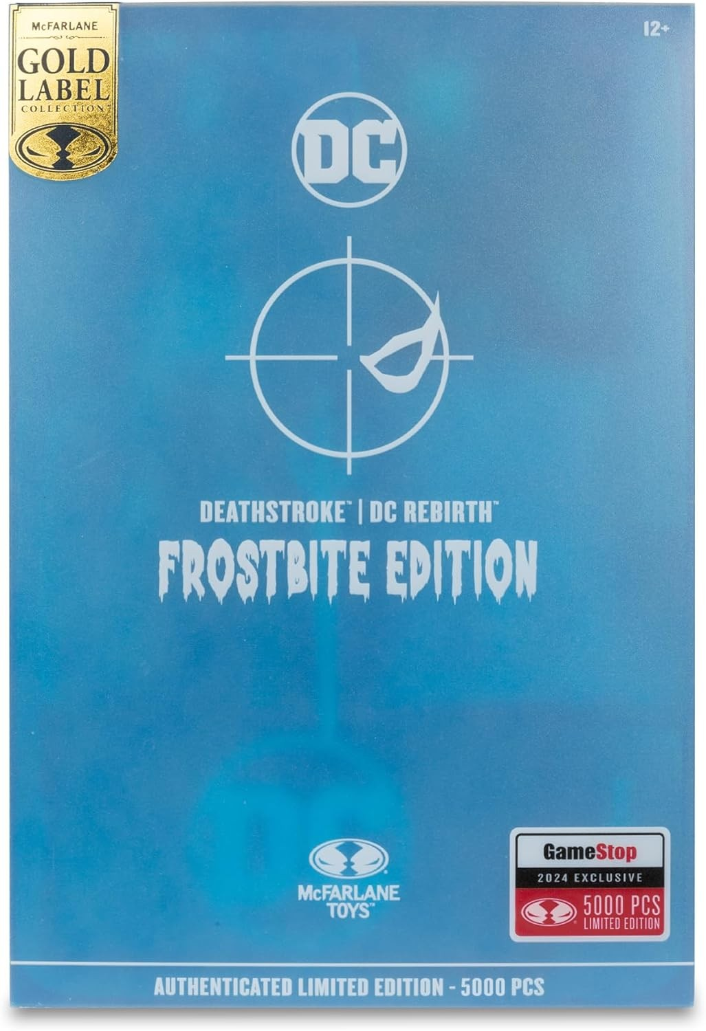 Caja de juguetes azul McFarlane DC Rebirth Frostbite Edition con logotipo blanco y pegatina exclusiva de GameStop.