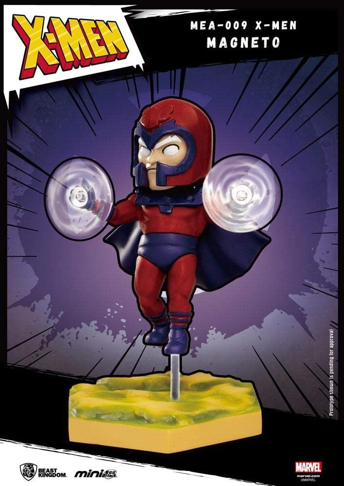 Una figura de acción de Magneto de X-Men con casco rojo y armadura azul, sosteniendo esferas de energía en sus manos.